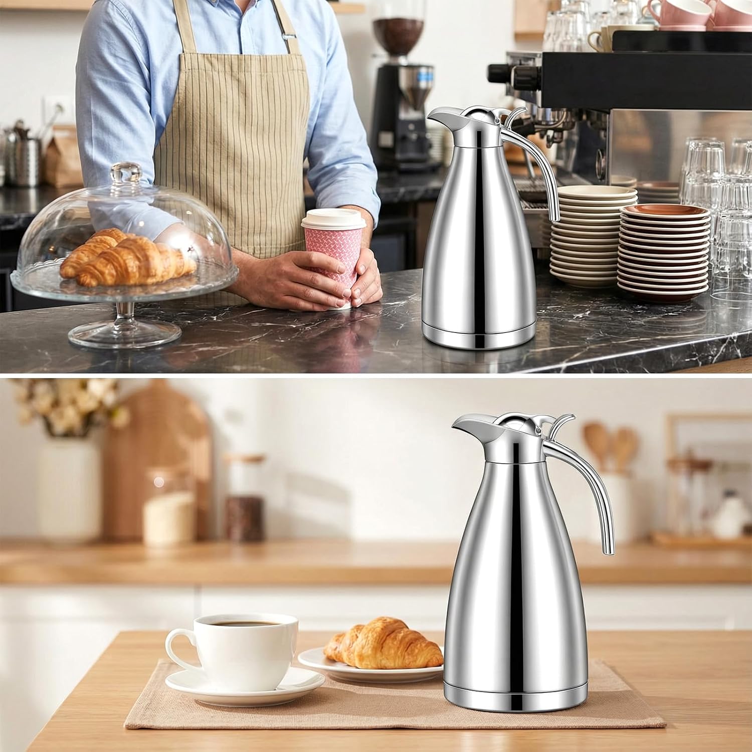 2 Pcs 68 oz Stainless Steel Thermal Coffee Carafe, Double Walled Vacuum Thermal Insulated Coffee Carafe with 2 Brushes for Hot Liquids Tea Milk Water, 2 Liters (Silver)