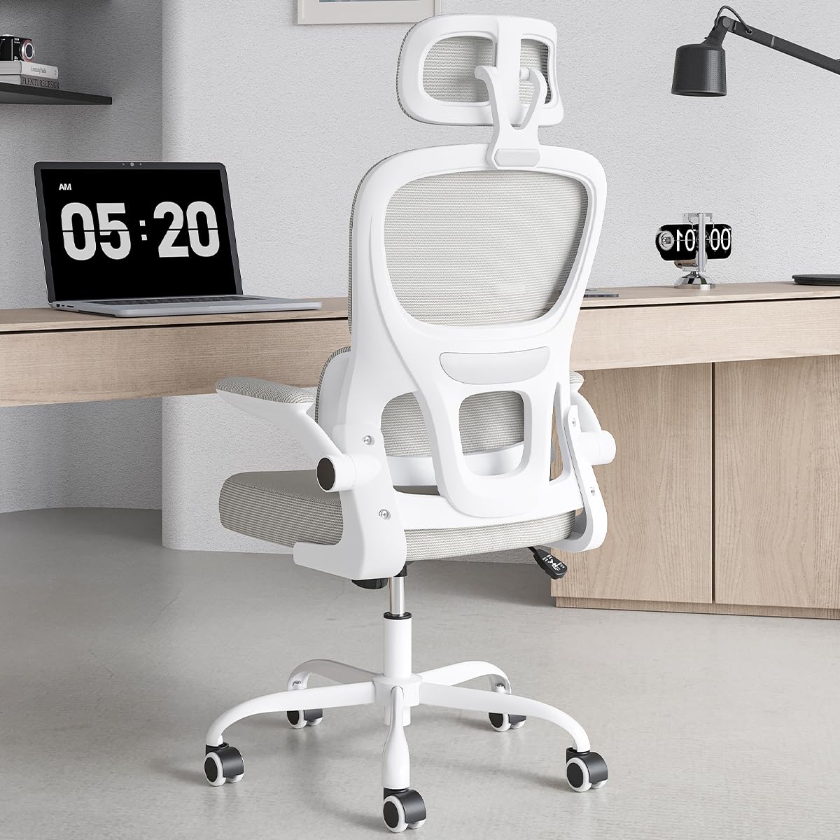 Soohow Ergonomic Home Office Chair, Mesh Desk Chair with Lumbar Support, Comfy Computer Desk Chair with Flip Armrest Rolling Wheels, Adjustable Headrest, Khaki.