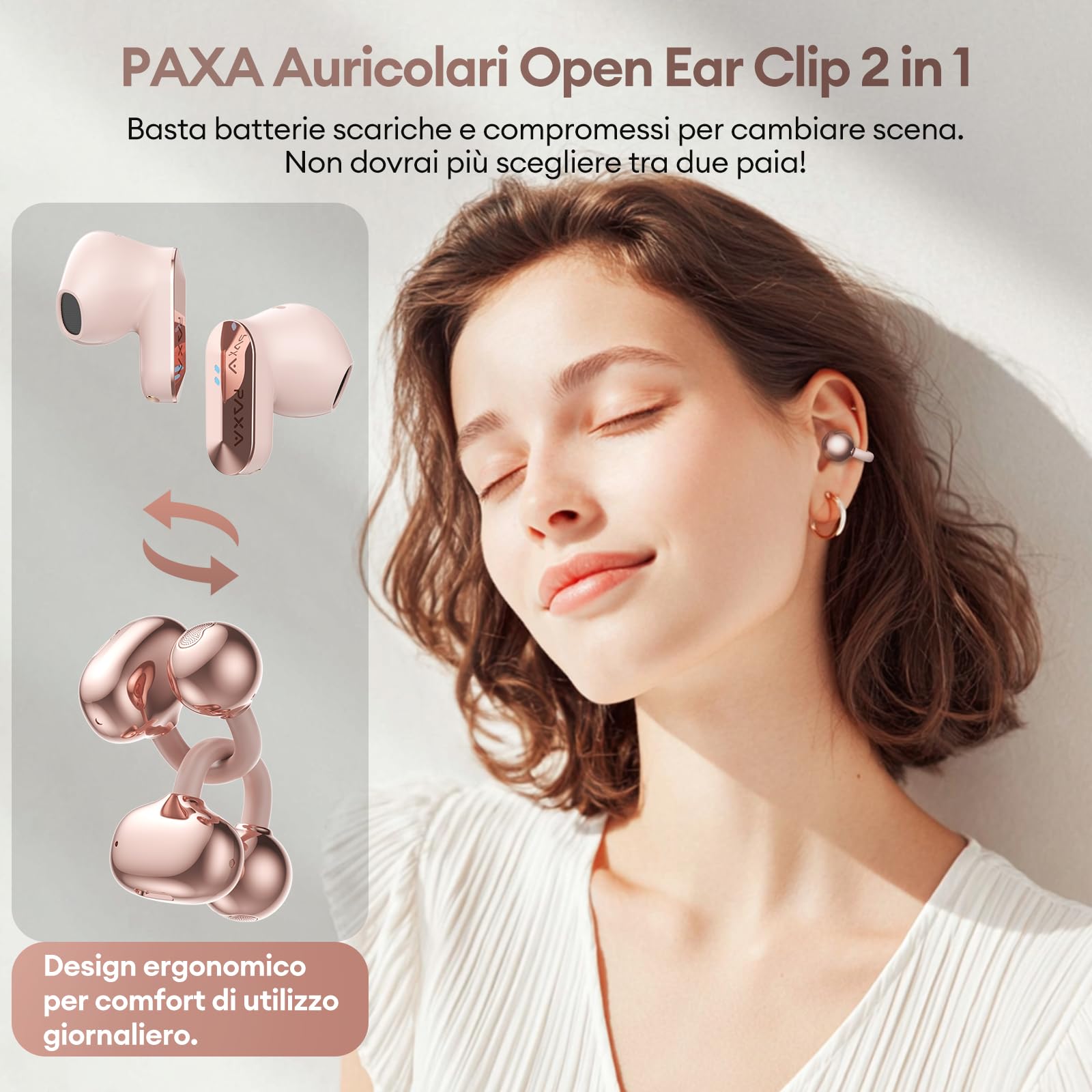 PAXA 2-in-1 Open Ear Cuffie Bluetooth, Clip Open-Ear Cuffie Wireless Sport Bluetooth 6.0 0 Ritardo, 140H Autonomia, Riconoscimento L/R, Riduzione Rumore per Lavoro/Sport/Quotidiano, Ctbuds Rosa Oro