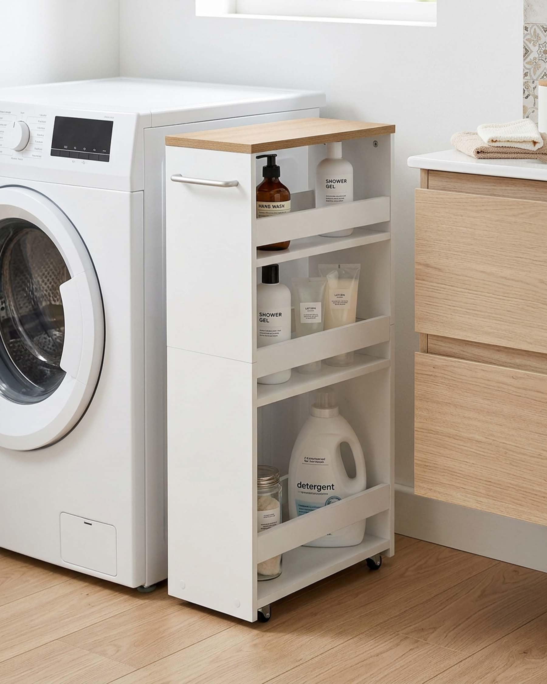 Carrito de Almacenamiento Estrecho Blanco 5 Niveles 40×22×108cm | Cuatro ruedas, dos con freno, facilitan el desplazamiento; el asa lateral y los ganchos añaden espacio de almacenaje.