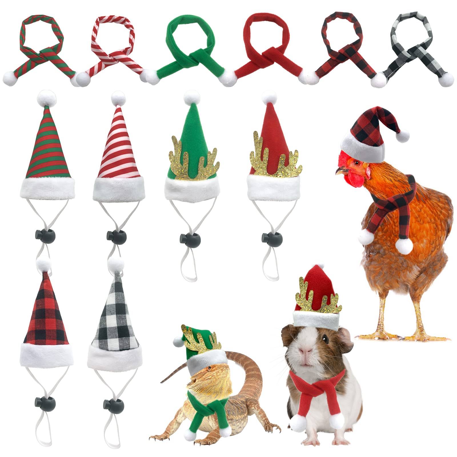 ShuRung 12Pcs Christmas Pet Chicken Hat Scarf Small Animal Xmas Santa Mini Chick Guinea Pig Bunny Hats with Adjustable Chin Strap for Duck Hamster