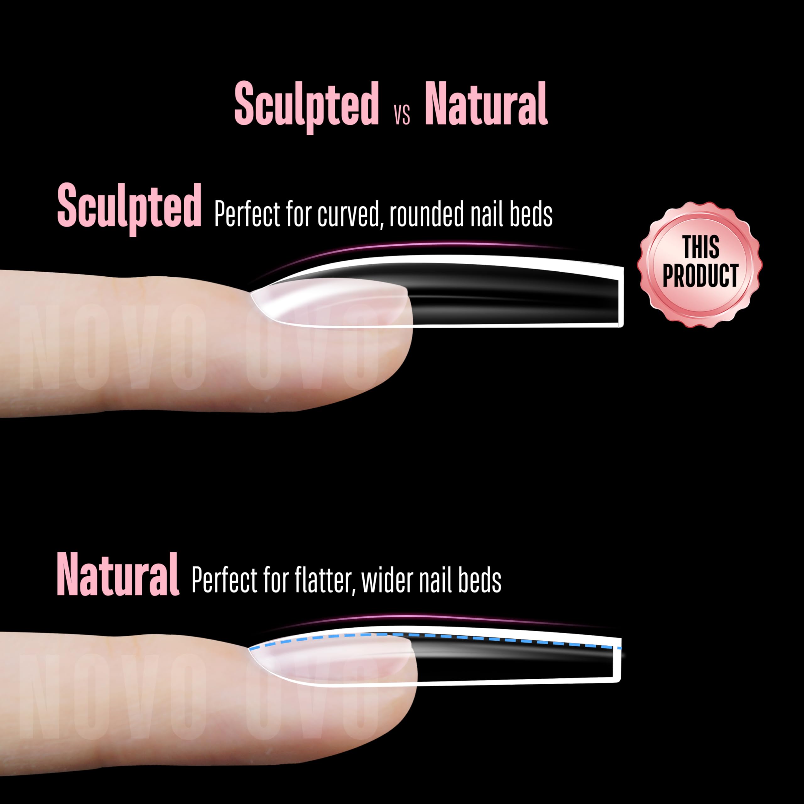 NOVO OVO Long Square Nail Tips SCULPTED (Not NATURAL) for Curved and Round Nail Beds Extra Thick L Length False Nails Press on - Image 4