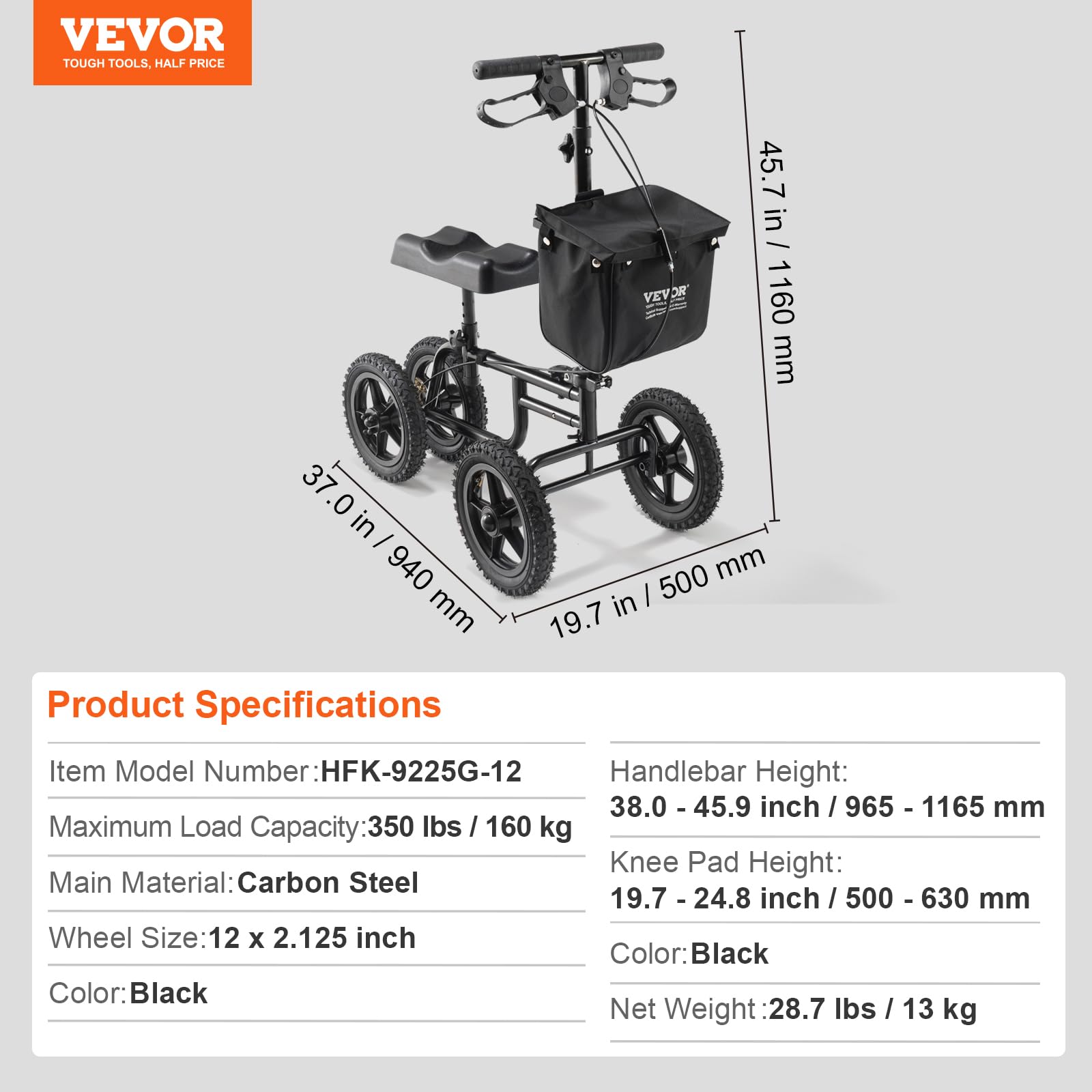 VEVOR Patinete de Rodilla Plegable Orientable de Acero al Carbono con Manillar Ajustable en Altura y Rodillera, Rueda Todoterreno, Frenos Dobles, Recuperación de Piernas, Carga de 160 kg, Negro