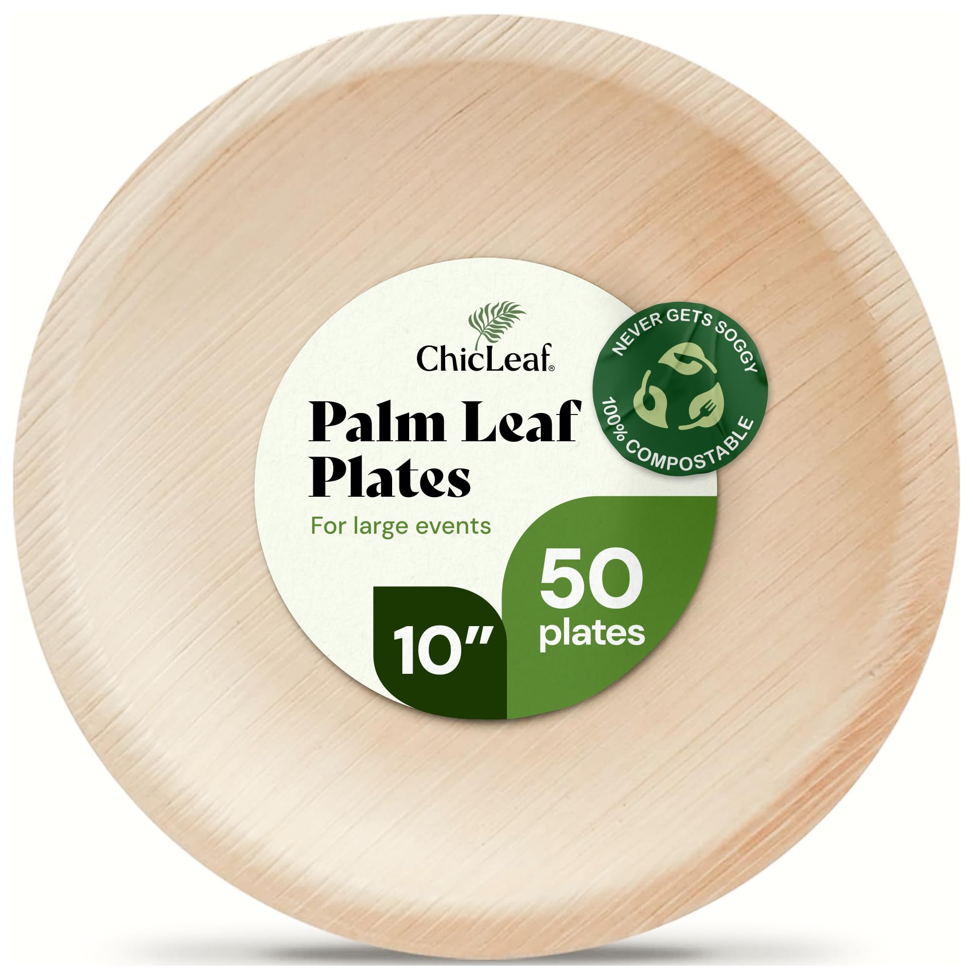 Chic Leaf Palm Leaf Plates - 10" Round - 50 Pack of 100% Compostable, Biodegradable & Disposable Bamboo Plates - Heavy Duty, Sturdy Paper Alternative for Wedding Desserts & Events