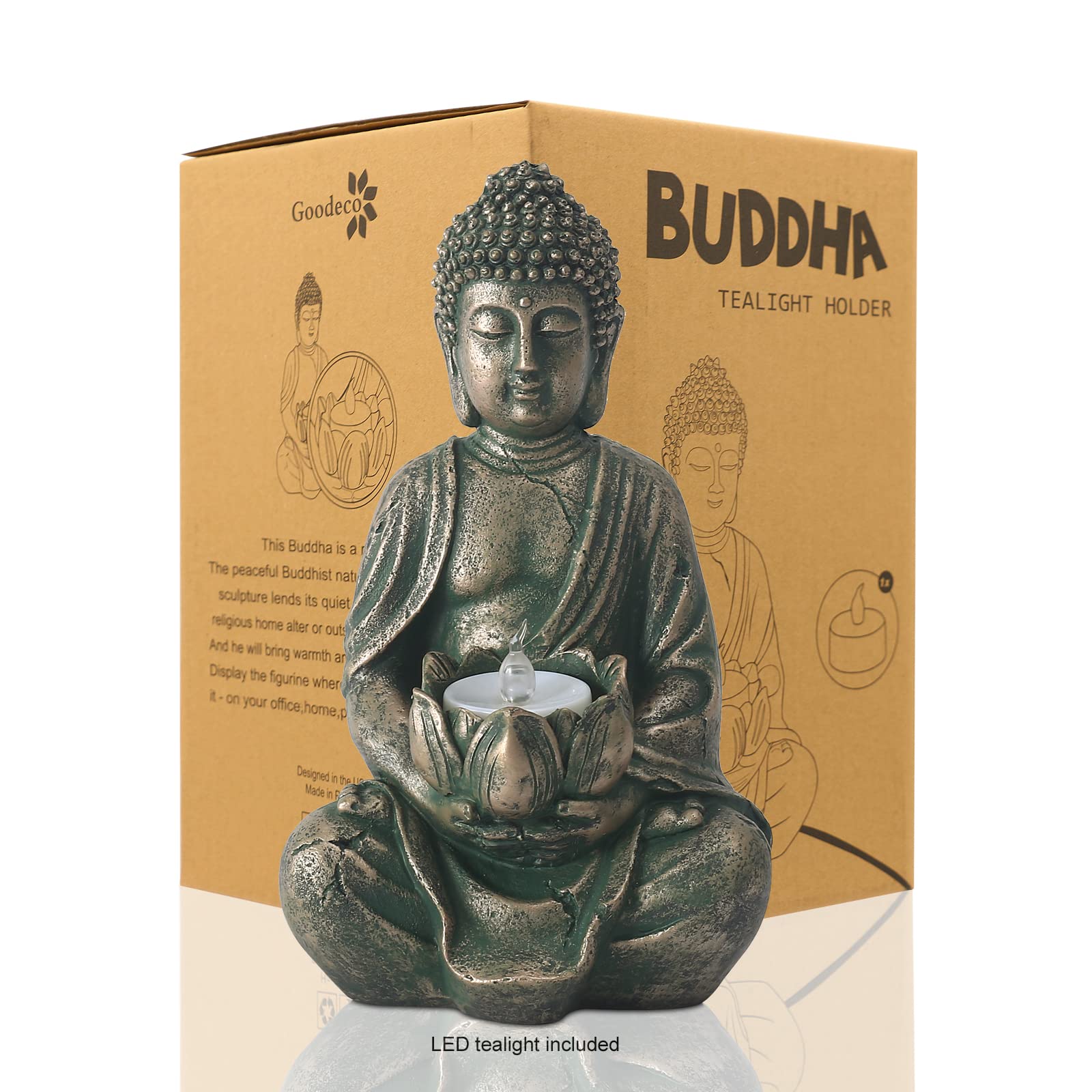 Yeomoo Statuetta di Buddha da meditazione, portacandela/portacandela decorativa per soggiorno, statuette di Buddha con loto Zen, decorazione da giardino per esterni con tealight a LED, regali