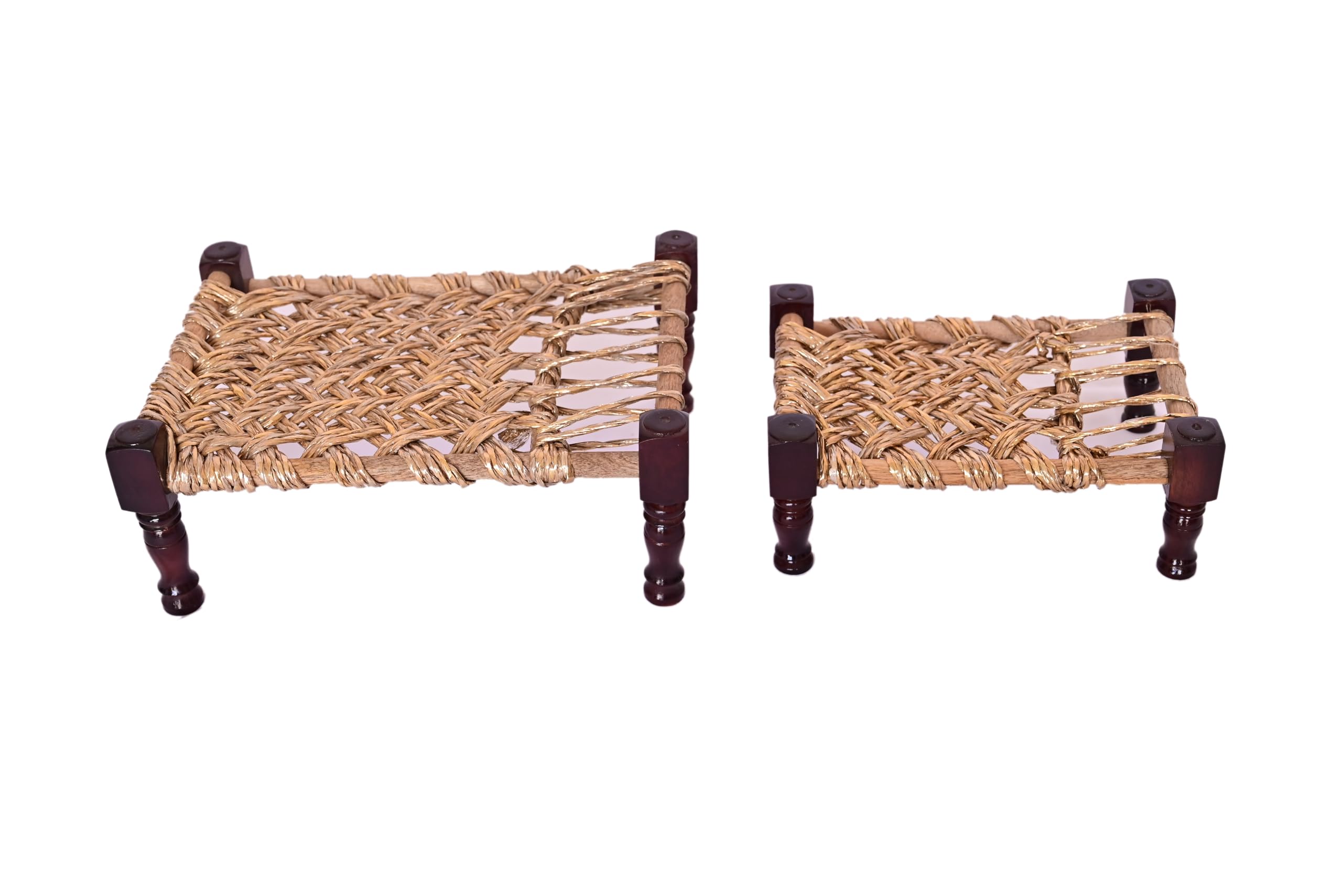 ekoh home traditional wooden charpai with woven golden rope set/2 dark brown legs