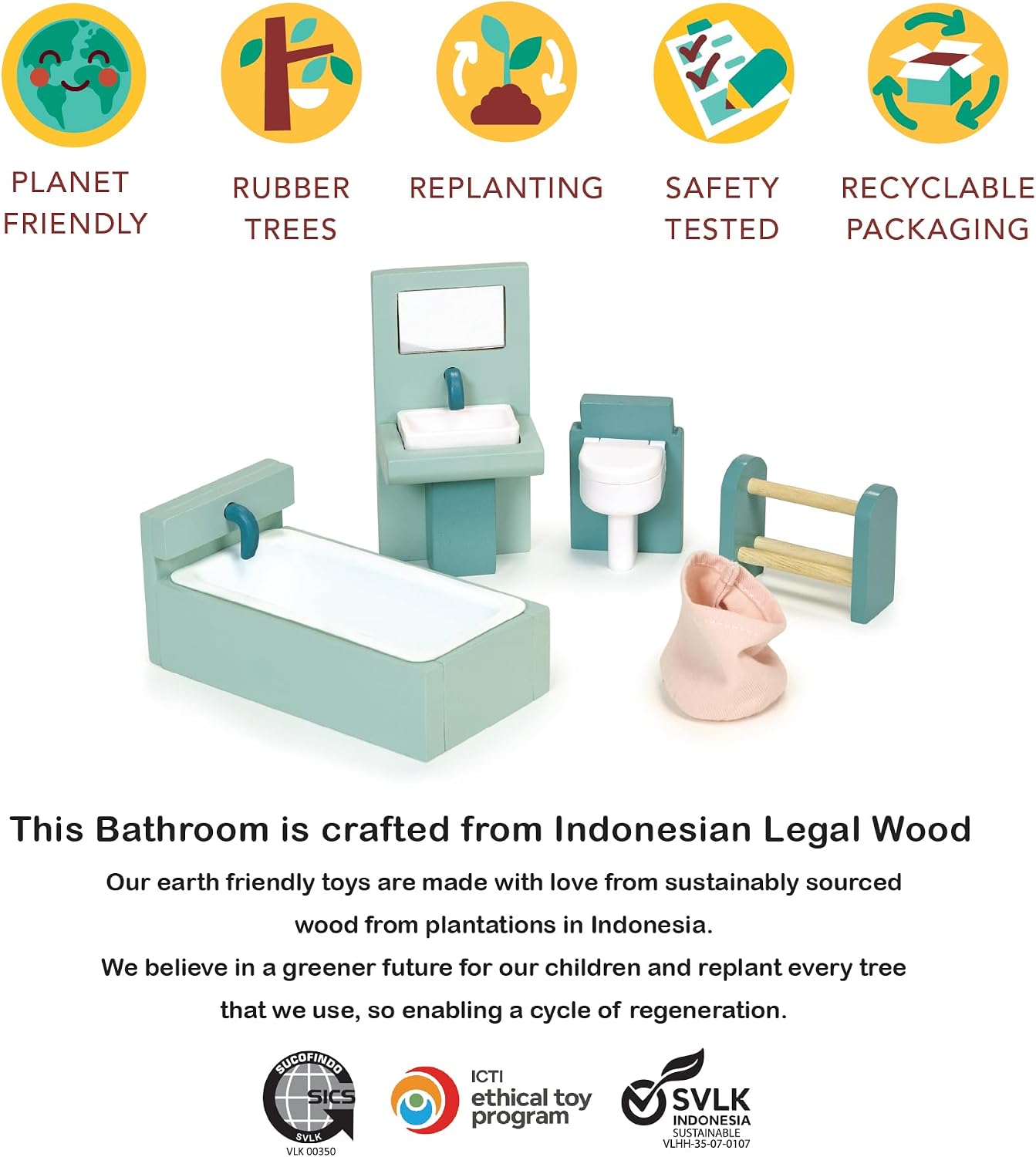 Mentari Toys - Bathroom - Wooden Dollhouse Furniture Set for Dollhouse Bathroom - Furniture Incl Toilet, Bathtub, Sink and Other Accessories - Age 3+