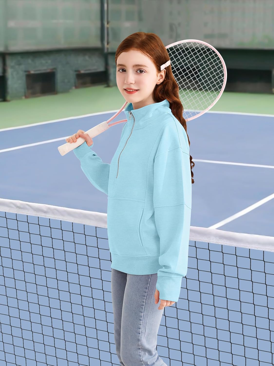 Girls Half Zip Sweatshirt Long Sleeve Zip Pullover Top with Thumb Hole Pocket Fall Winter for Teen Girls - Image 6