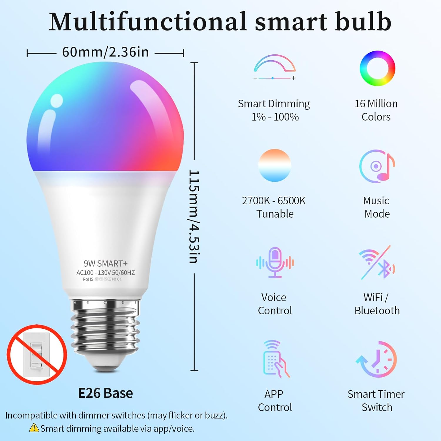 Meliya LED Smart Light Bulbs, Color Changing Dimmable & Timing Smart WiFi and Bluetooth Bulb, Compatible with Alexa and Google Assistant, RGBWW A19, 9W 800 Lumens, Music Sync, Voice Control (2 Pack)