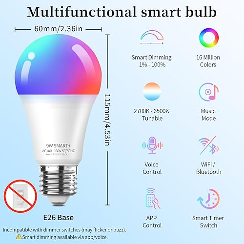 Miniatura 2 de Meliya Bombillas LED inteligentes, cambio de color, regulable y temporizador, bombilla inteligente WiFi y Bluetooth, compatible con Alexa y Google