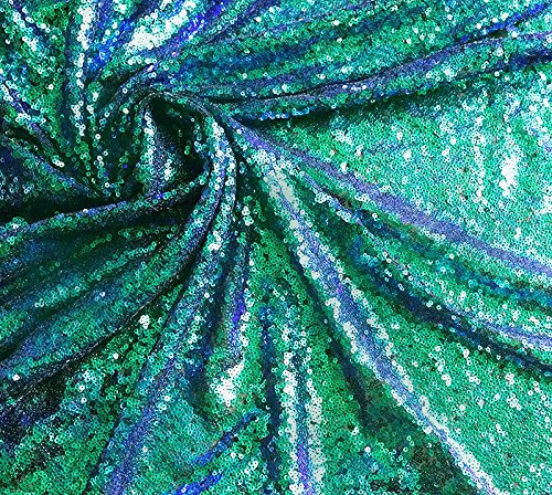 LushFabric 3mm Mini Sequin Fabric Material, Green Mermaid, Green Purple Blue Sequins, Fish Tail Material 1 Way Stretch 47'' Wide