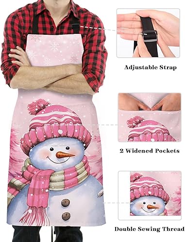 Miniatura 3 de Pink Snowman Christmas Bib Aprons with Pockets Waterproof, Adjustable Apron for Men Women Xmas Tree Winter Snowflake Pink