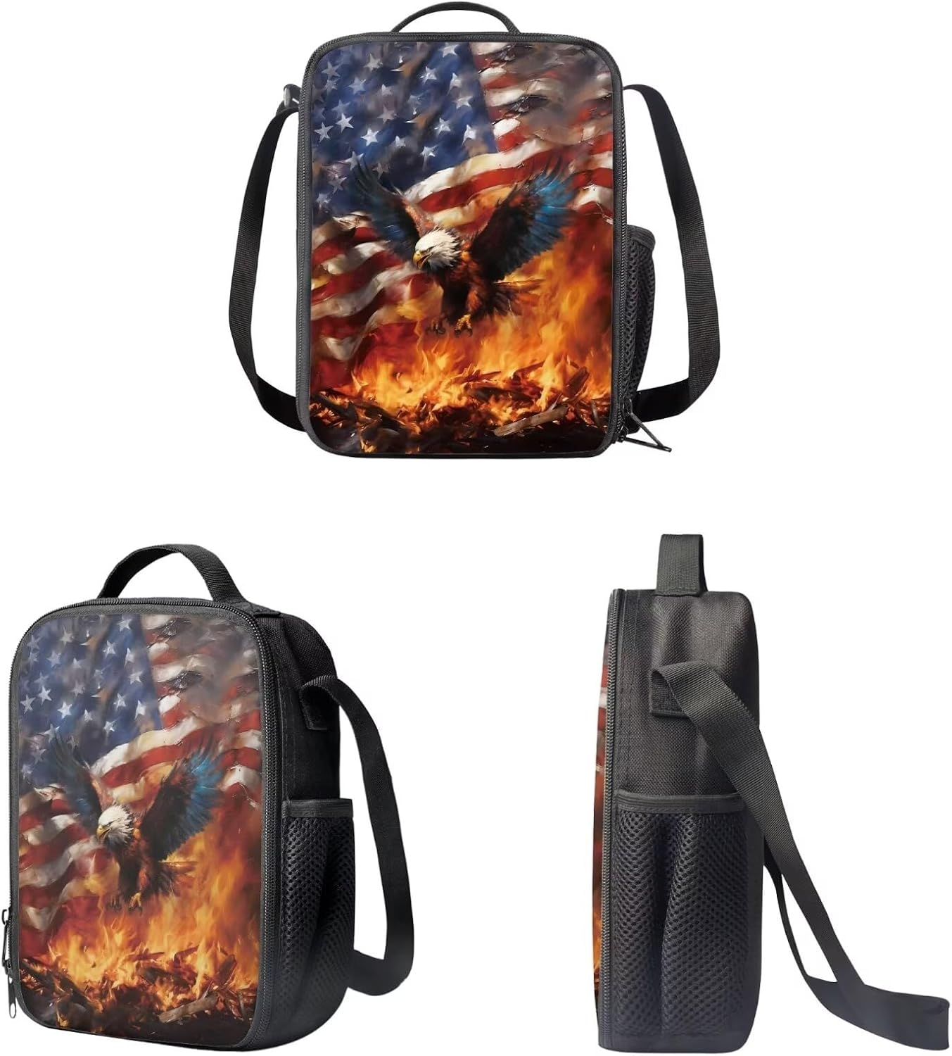 Eagle USA Flag Girls Boys Backpack Set 3 Pieces Independence Day School Bag with Lunch Box and Pencil Case for Student Middle Elementary Bookbag Kids Back to School Supplies