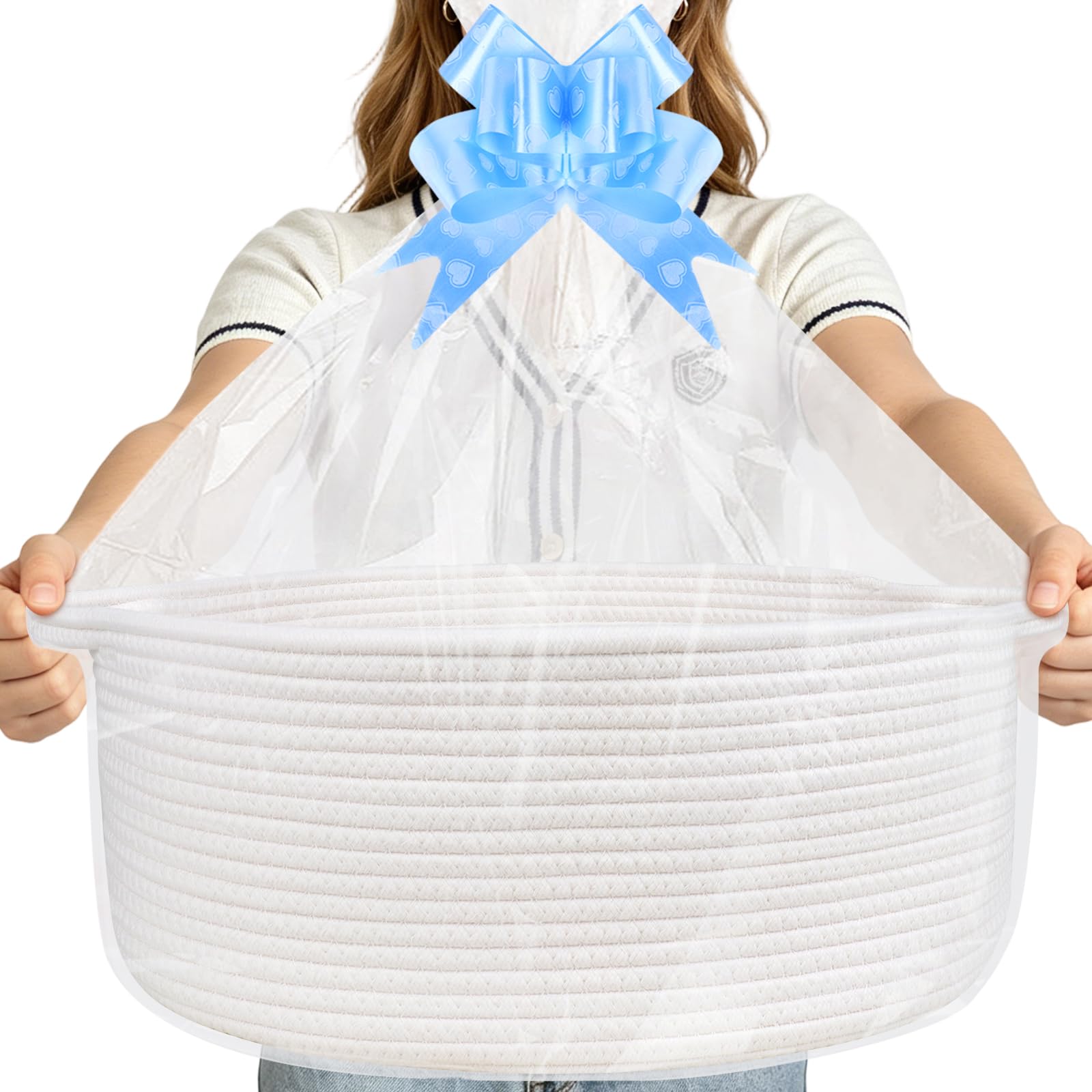 Lotvic 43x32x18cm Large Gift Basket, Hamper Kit, Empty Hamper Basket with Cellophane Bags and Pull Bows, Rope Gift Baskets with Handles, Woven Gift Baskets for Baby Shower, Wedding, Birthday (White)