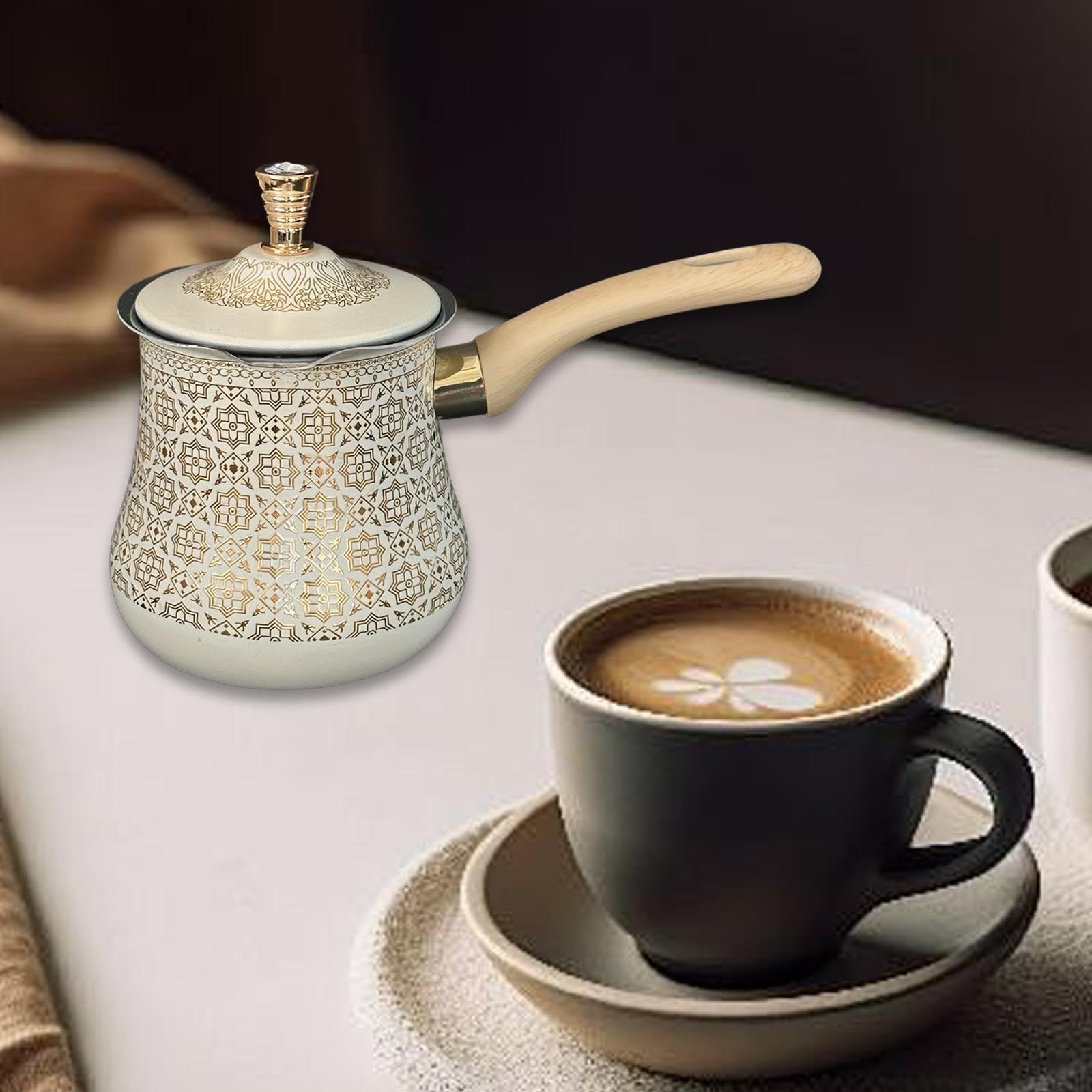 Qianly Stainless Steel Turkish Coffee Pot Milk Pot with Lid Butter Melting Pot Kitchen Accessory Easy to Clean Making Latte Art, Golden Pattern, 900ml