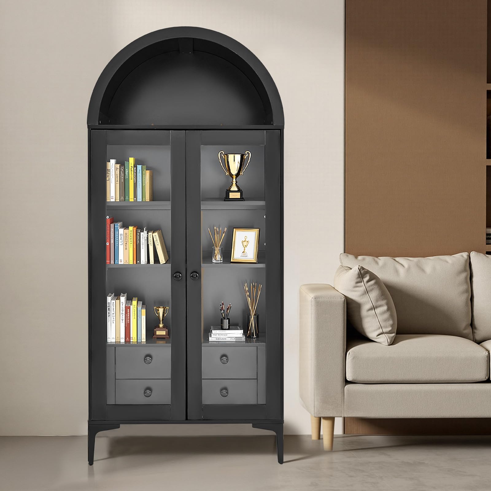 VEVOR Vitrine pour Collection Arquée avec Portes Vitrées, Armoire de Présentation 179 cm de Haut, Présentoir pour Antiquités à 4 Niveaux avec 2 Étagères Réglables, Rangement Maison Bureau Salon