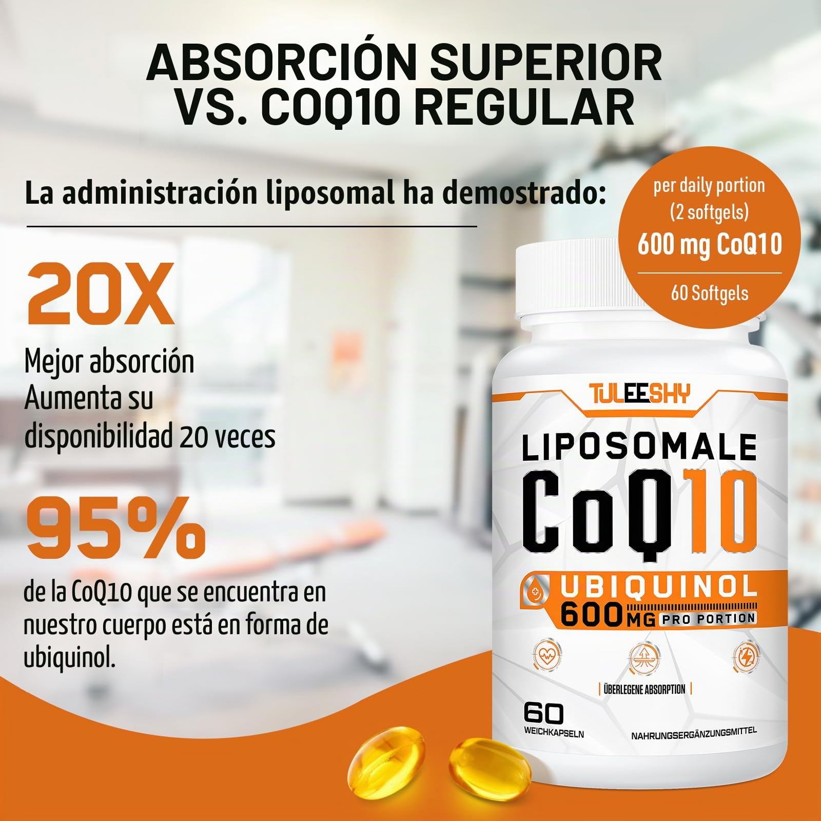 Coenzima Q10 liposomal ubiquinol, dosis alta 600 mg por porción, 300 mg por cápsula, coenzima Q10 antioxidante de alta biodisponibilid (60 cápsulas blandas (paquete de 2))