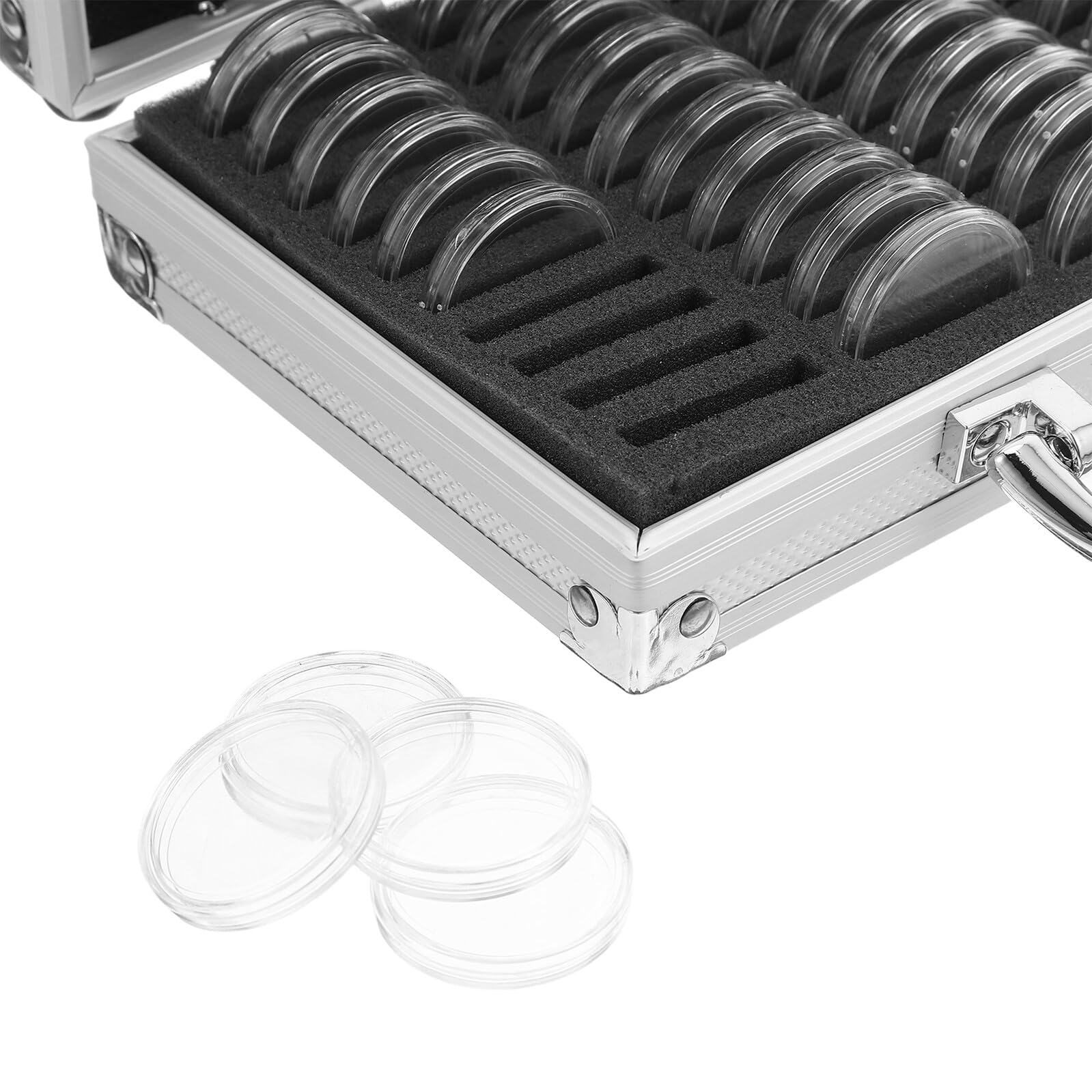 TOYANDONA Organizzatore per Monete da Collezione Compatto e Portatile in Alluminio Argento con 50 Scomparti, Custodia Resistente per Medaglie e Badge per Collezionisti