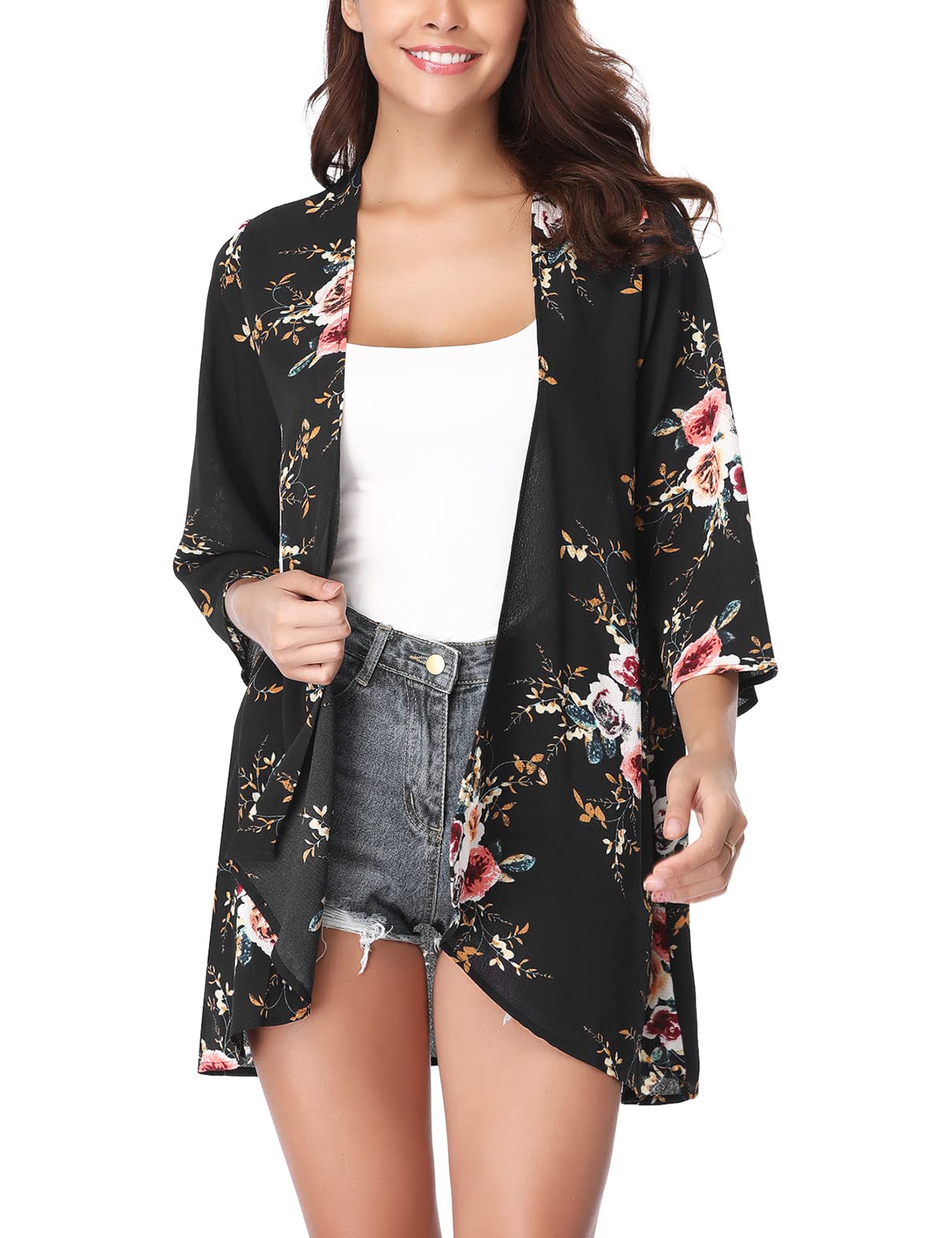 Irevial Kimono Mujer Cardigan Mujer Verano Manga 3/4 Playa Cardigan Boho Style Suelto Chal de Gasa Ropa de Baño Cover Up Kimono Bikini Cover