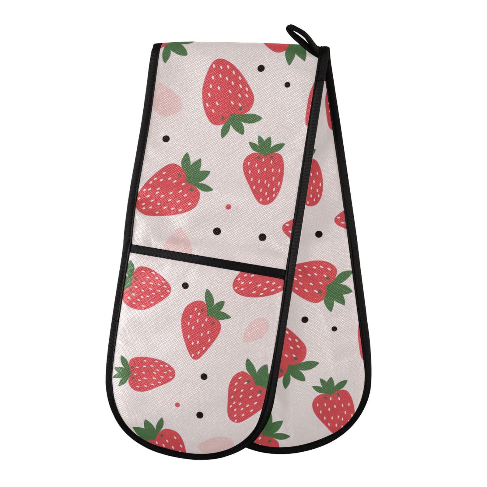 Oven Gloves Double Oven Gloves Red Strawberry Pink Oven Mitts Pot Holder Heat Resistant Quilted for BBQ Baking Kitchen Cooking Gloves