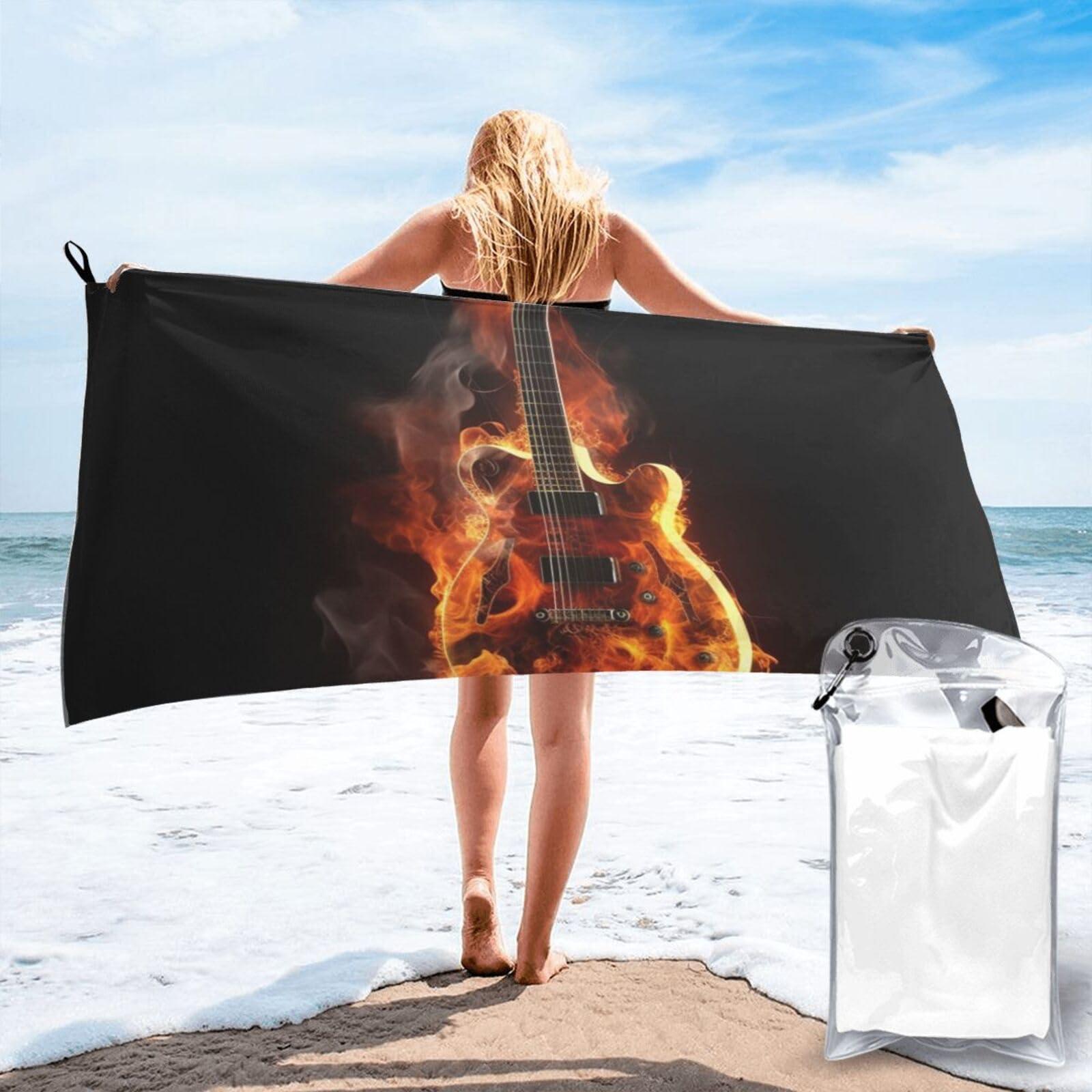DWVTSLH Microfiber Sand Free Beach Towel 27.5"x55", Quick Dry Absorbent Travel Towel Large Camping Blanket, Fire Guitar Bath Towels Lightweight Pool Swim Towels for Vacation Essentials
