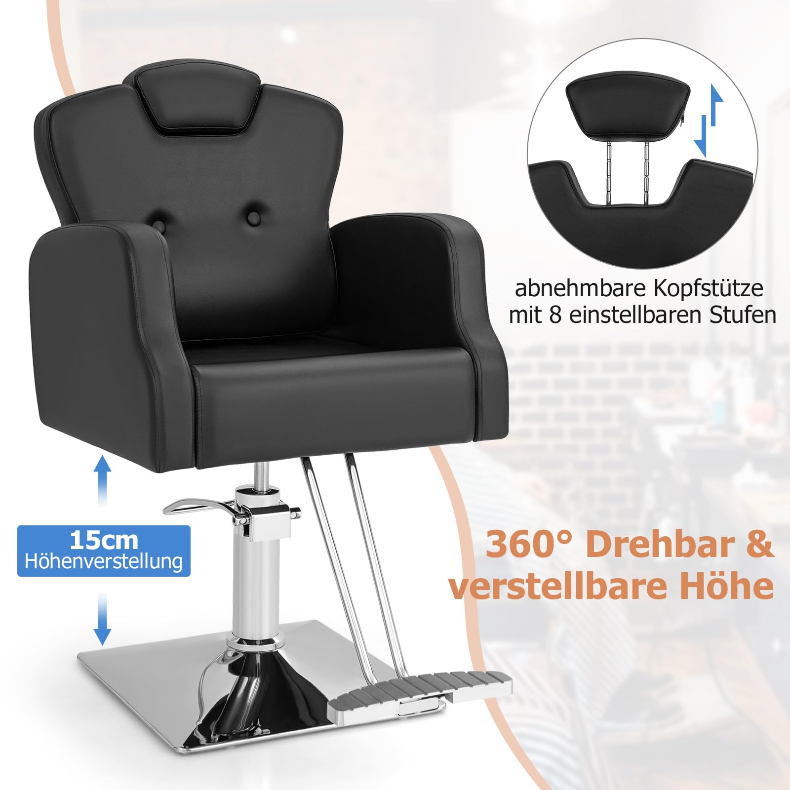 COSTWAY Friseurstuhl mit Kopfstütze, Rückenlehne und Hydraulikpumpe, Salonstuhl höhenverstellbar, Friseursessel 360° Drehung, Bedienungsstuhl belastbar bis 150kg