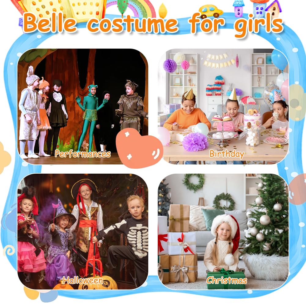 Belle Costume, Ragazze La Bella e La Bestia Costumi, Principessa Belle Vestito con Corona e Bacchetta, Bambina Bella Set per Cosplay Natale Festa Halloween, 120