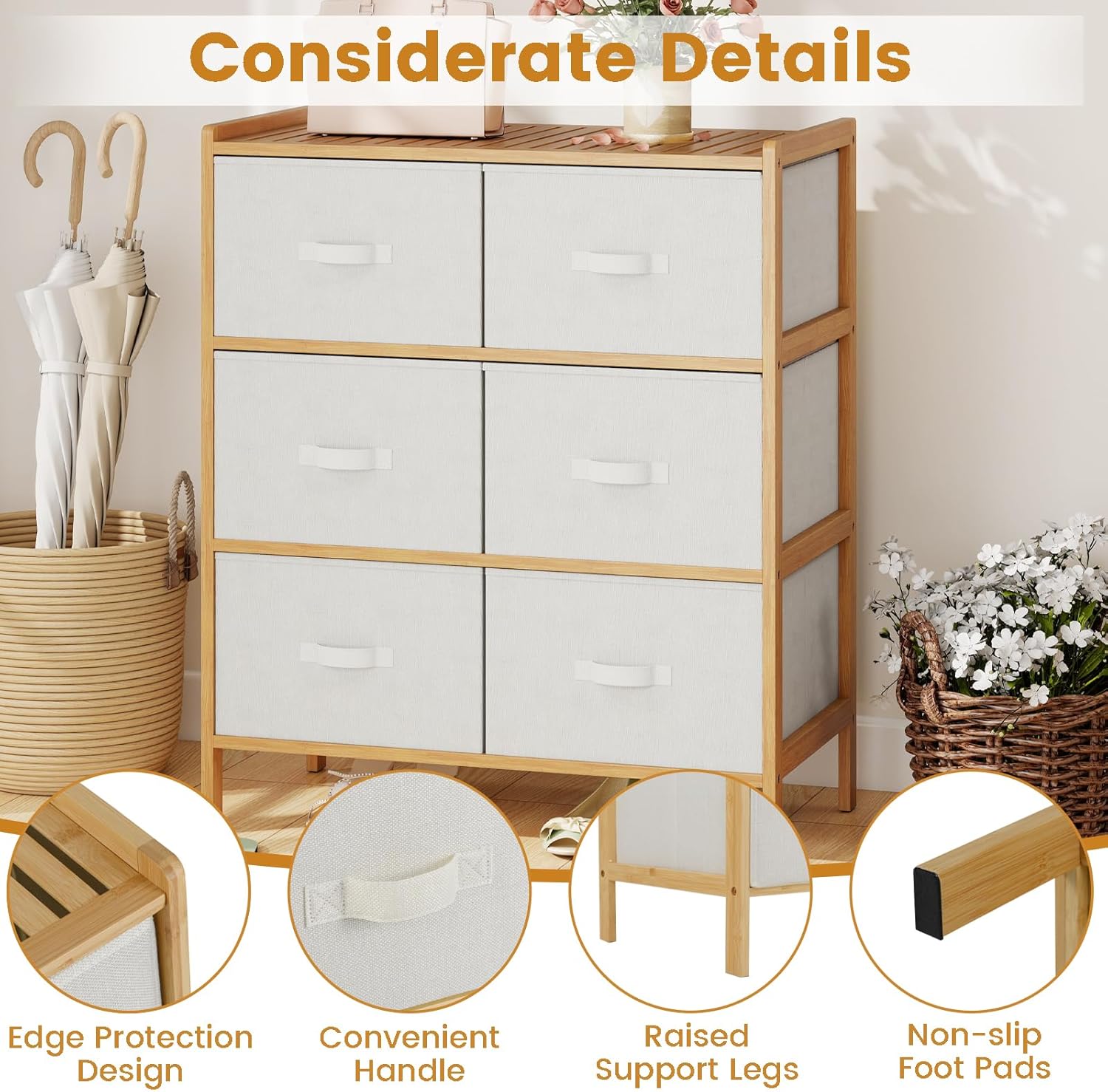 Close-up images of dresser details: edge protection, convenient handle, raised support legs, and non-slip foot pads