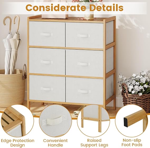 Giantex 6-Drawer Dresser for Bedroom, Bamboo Storage Tower with 6 Foldable Fabric Drawers & Top Shelf, Modern Chest of Drawers, Vertical Organizer Unit for Closet, Living Room (14 D x 26 W x 31 H)