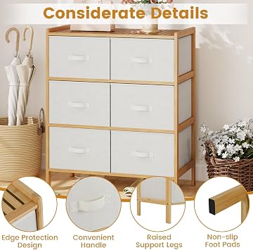 Giantex 6-Drawer Dresser for Bedroom, Bamboo Storage Tower with 6 Foldable Fabric Drawers & Top Shelf, Modern Chest of Drawers, Vertical Organizer Unit for Closet, Living Room (14 D x 26 W x 31 H)