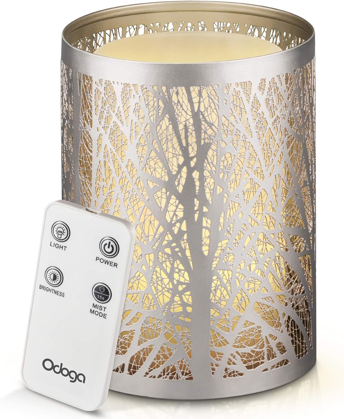 Odoga Aromatherapy Essential Oil Diffuser with Decorative Iron Cover, Ultrasonic Quiet Cool Mist Humidifier with Warm White Color Candle Light Effect, Remote Control & Low Water Auto Shut-Off