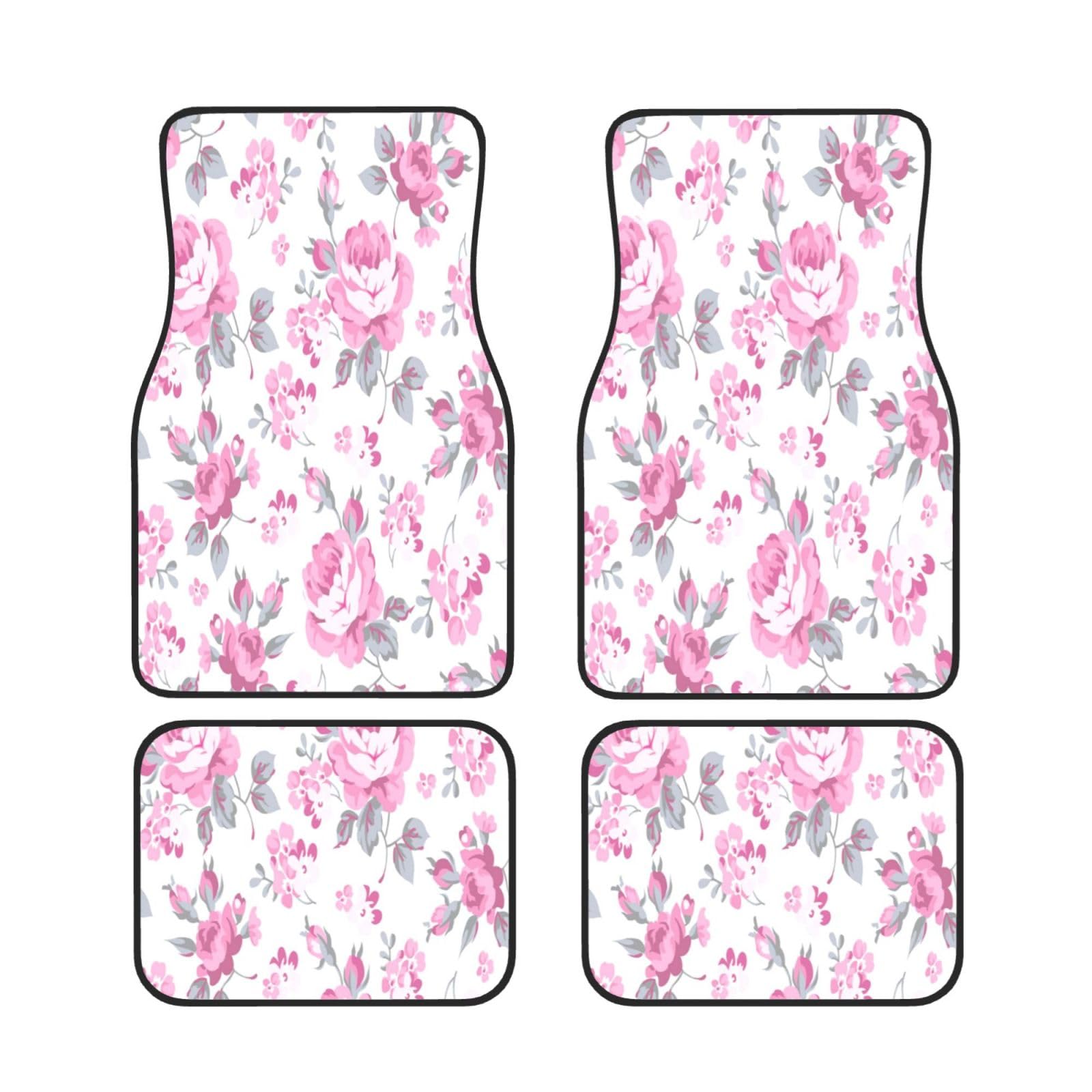 Shabby Chic Blumenmuster in Rosa, Hellrosa, weiß, 4er-Set Auto-Fußmatten, Neopren-Fußmatten für Fahrzeuge, rutschfeste Auto-Fußmatten, Autozubehör