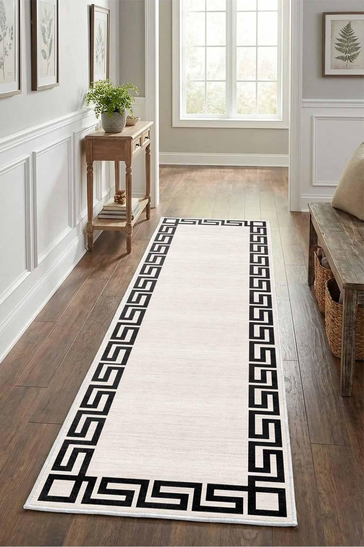 Monnhein Krem Siyah Yolluk Versus-3 - Yıkanabilir, Kaymaz Taban, Dijital Baskılı, Leke Tutmaz, İnce Hav, Modern Koridor, Mutfak, Antre ve Salon için Dekoratif Yolluk