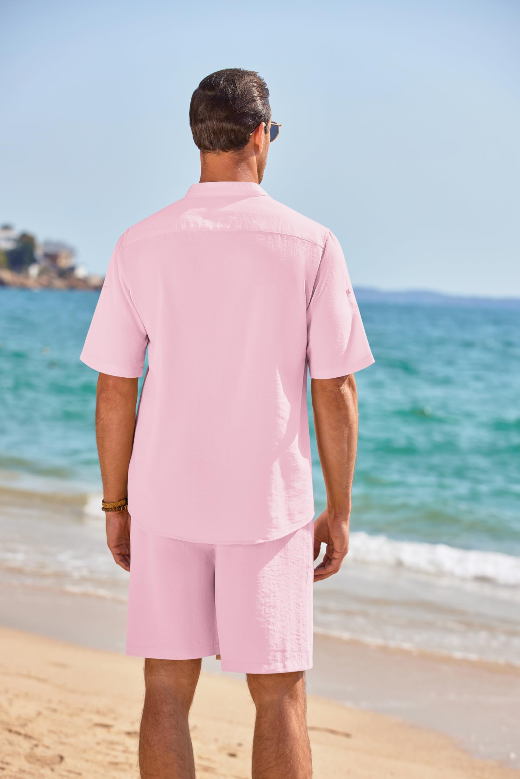 COOFANDY Set da uomo in lino da 2 pezzi, camicia Henley a maniche corte e pantaloncini, estivo, da spiaggia, yoga, abiti abbinati