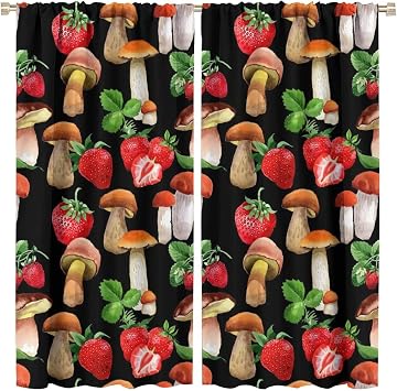 Mushroom Strawberry Blackout Curtains,Watercolor Colorful Fruit Theme Mushrooms Strawberry Decor Window Curtains Rod Pocket Insulated Room Darkening Blackout Curtains for Bedroom 2 Panels 45L x 21W