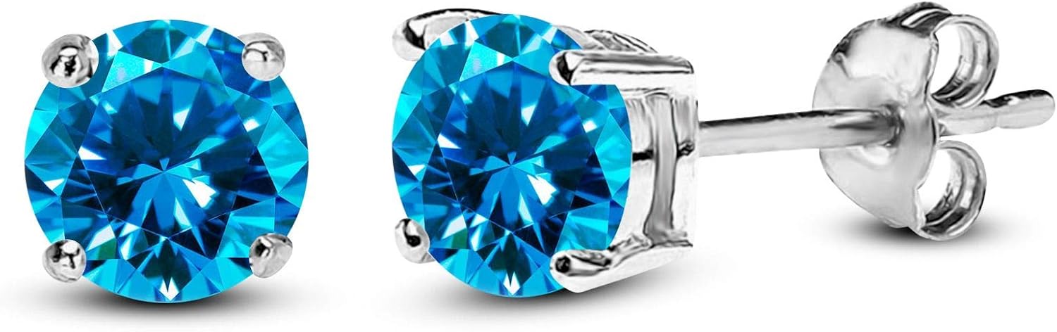 Round Blue Topaz Stud Push Back Solitaire Earrings In 18K White Gold Finish 925 Silver