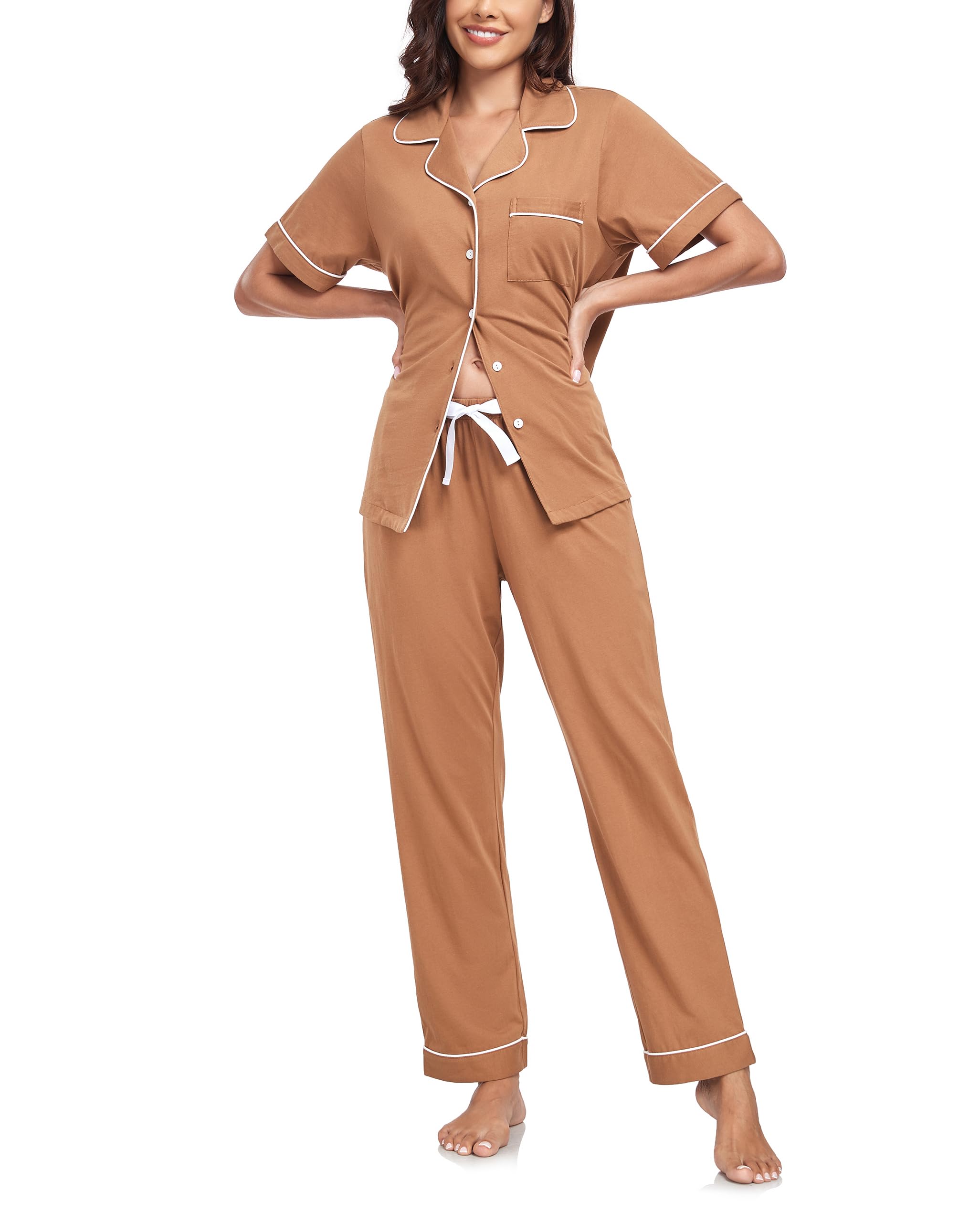 COLORFULLEAF Schlafanzug Damen mit Knopfleiste 100% Baumwolle Kurzarm Pyjama Set Zweiteiliger Oberteil und Pyjamahose Nachtwäsche