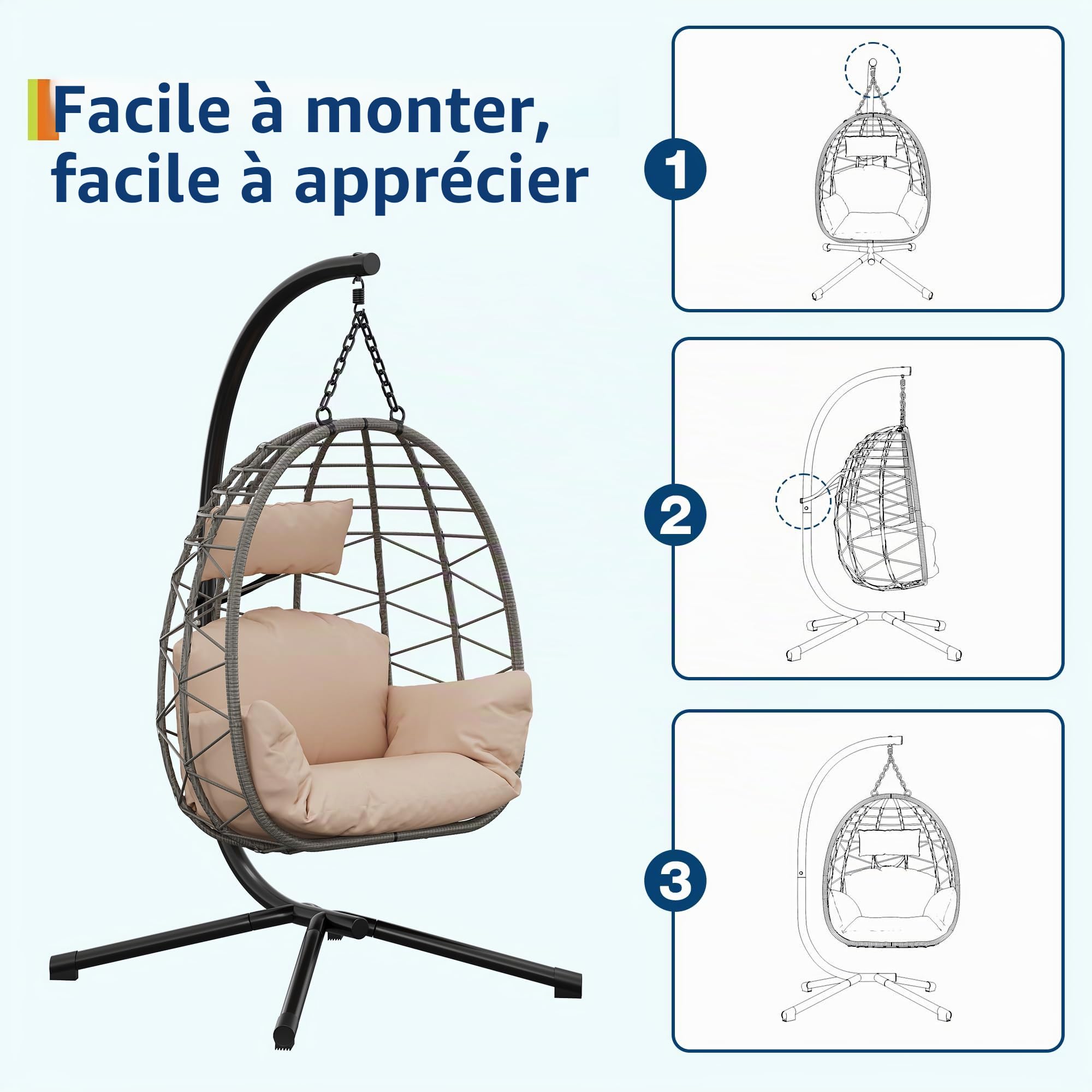 Fauteuil suspendu avec armature pour extérieur, résistant jusqu'à 150 kg, fauteuil en rotin avec armature métallique, idéal comme siège suspendu avec armature pour jardin, terrasse et balcon Beige
