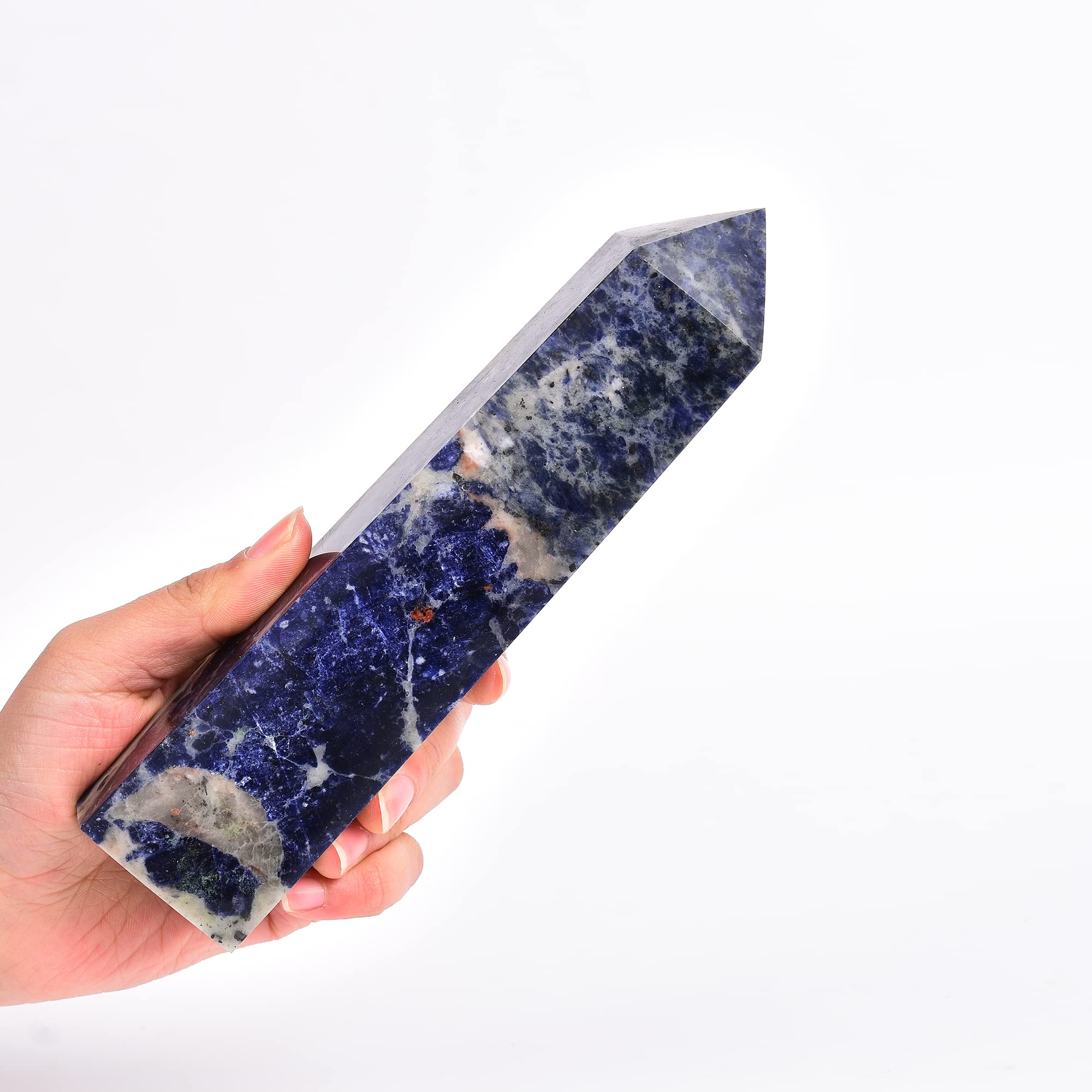 JIC Gem Large Blue Sodalite Points Natural Healing Crystal Wand Blue-Veins Stone Quartz Tower 4 Faceted Single Point Crystals Wand for Meditation