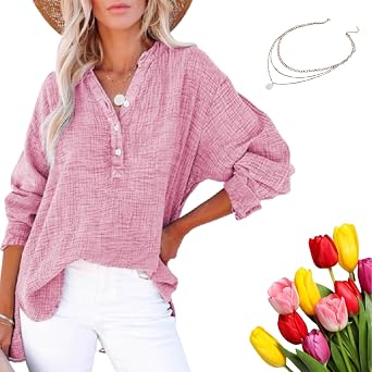 Womens Casual Gauze Button Neck Long Sleeve Oversized Blouses Tops, Lightweight Loose V Neck Pullover Shirts
