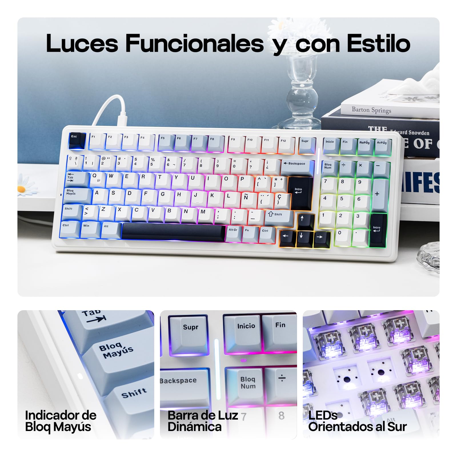 EPOMAKER x Aula F99 ISO-ES Teclado Mecánico con Cable, Distribución Española 96%, Hot Swap, Interruptores Lubricados, Teclas PBT, RGB, Teclado Numérico, Gasket Suave, para Gaming/Oficina (Blanco Azul)