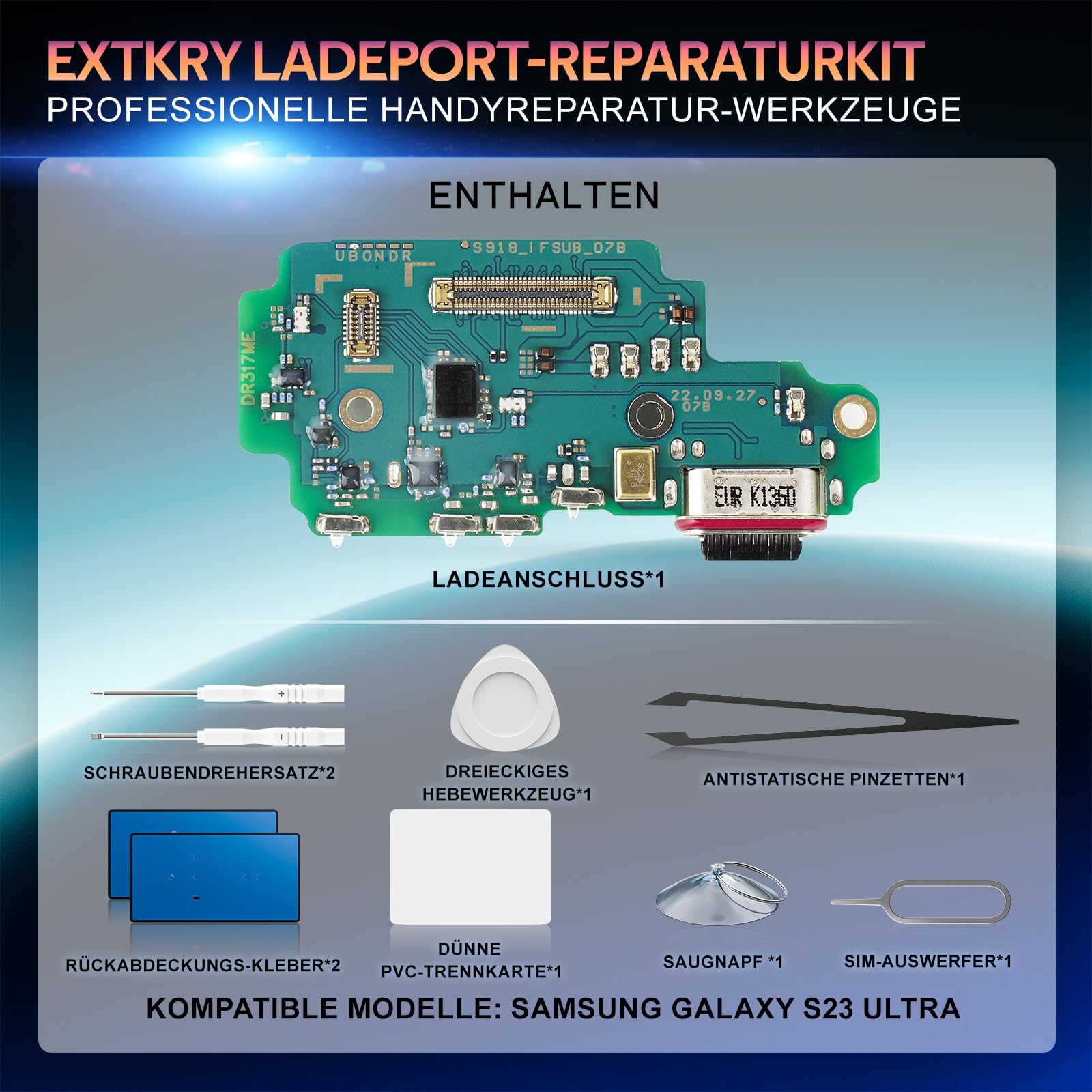Ladebuchse Ersatz für Samsung Galaxy S23 Ultra, Reparaturset | Ladeanschluss Dock Connector mit Mikrofon, Charger Repair und Reparaturset mit Werkzeugen.