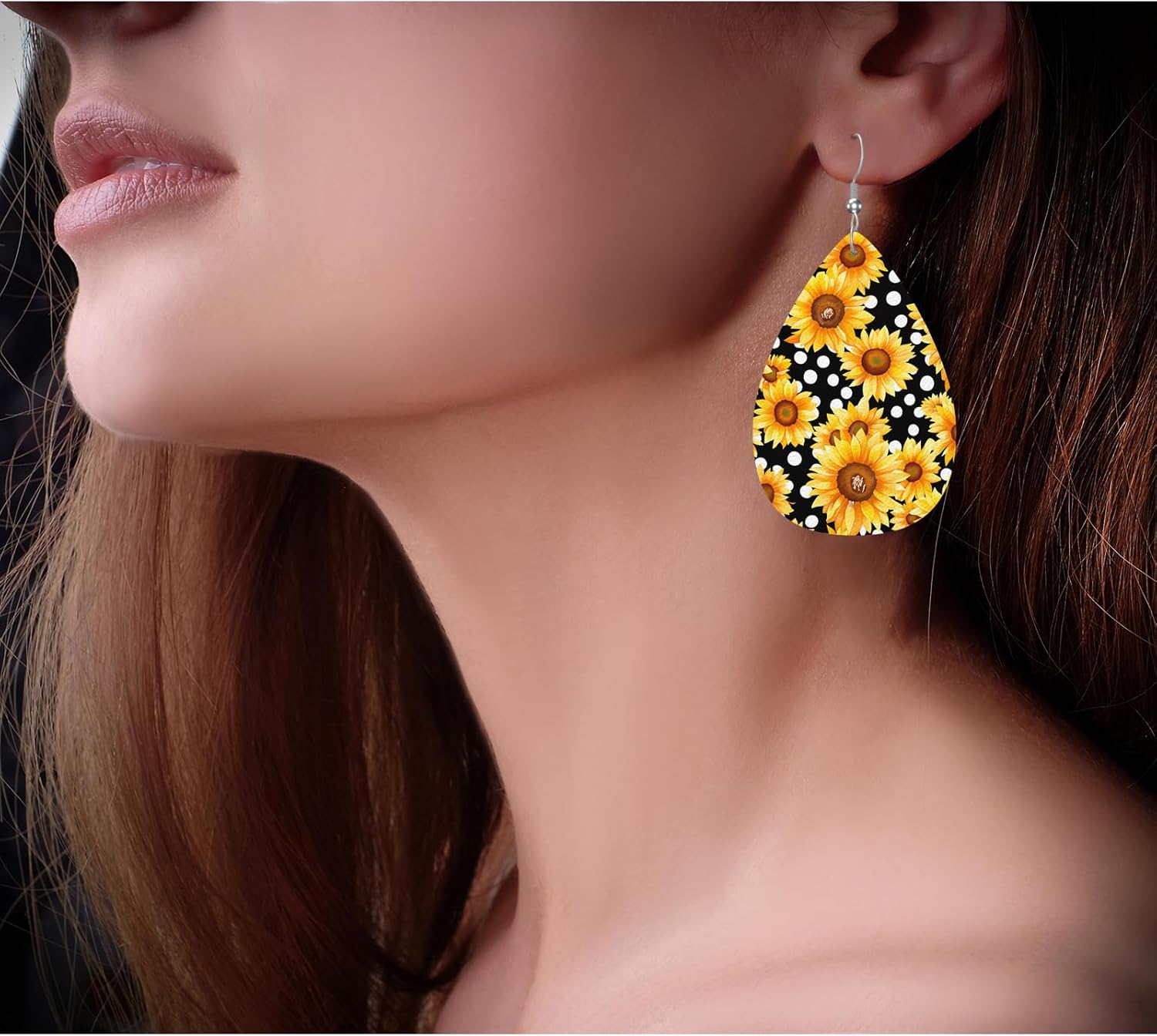 Zokola Drop Earrings Sunflowers, Beautiful Sunflower White Polka Dots On Black Lightweight Teardrop Faux Leather Earrings, Ear Pendants Dangle Earrings For Woman Friends - Image 5
