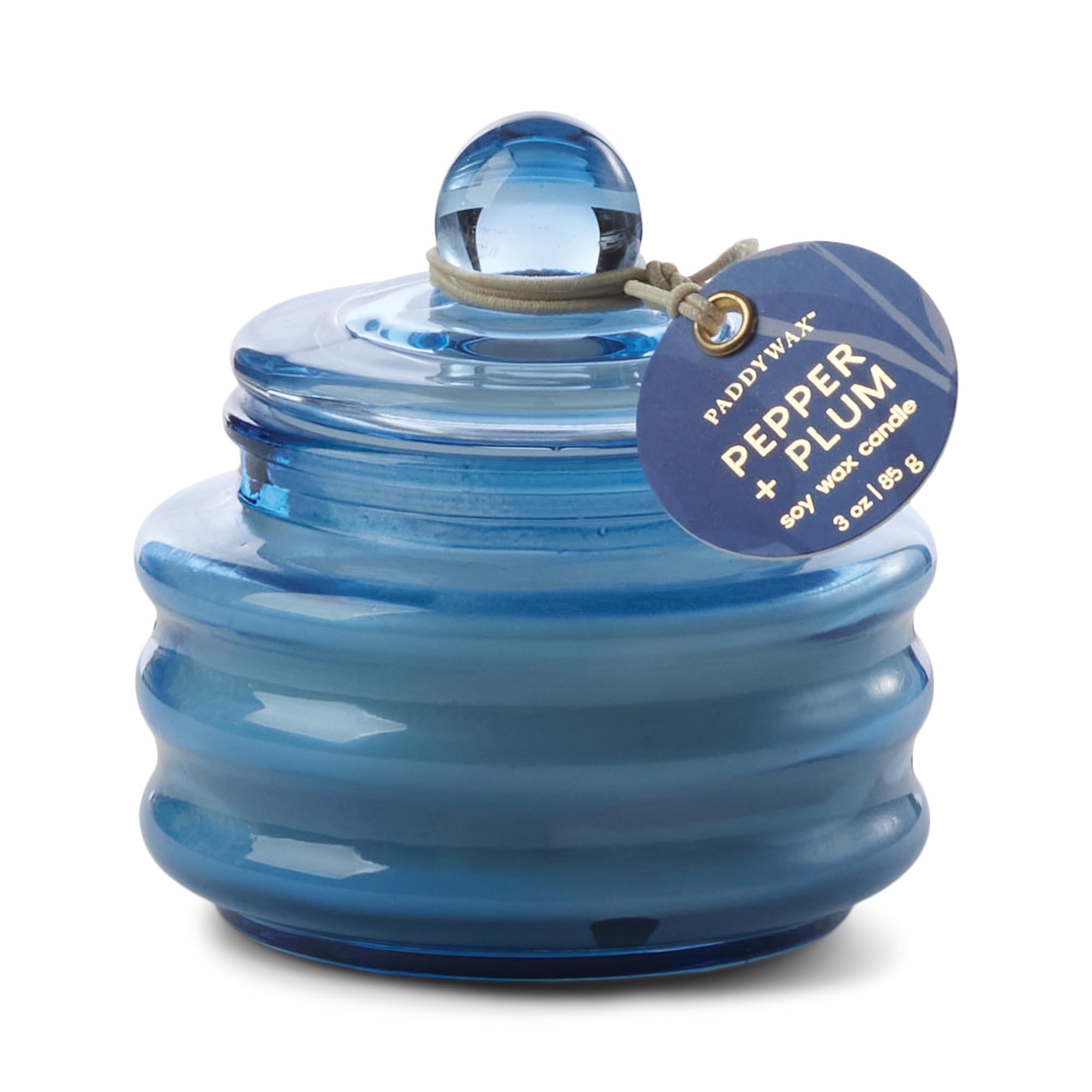 Paddywax Scented Candles Beam Collection Small Artisan Luxury Glass Jar Candle with Lid, 85g, Bright Blue - Pepper + Plum