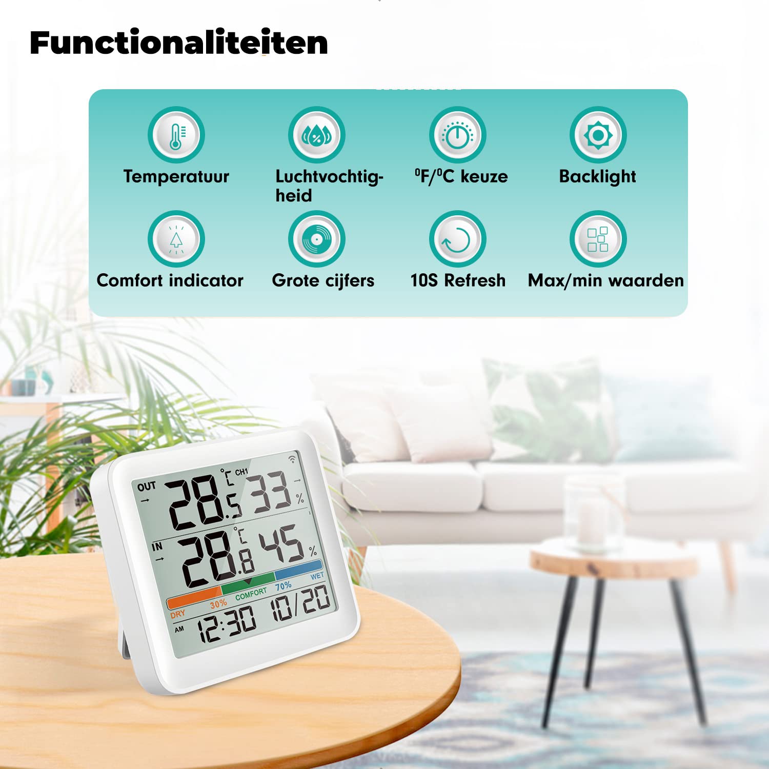 Quntis Weather Station, 5 Inch LED Sensor, Large Thermometer, Hygrometer, Digital, Alarm Clock, Thermometer, Hygrometer, Wireless, Indoor and Outdoor Use with Snooze Function, Time Display