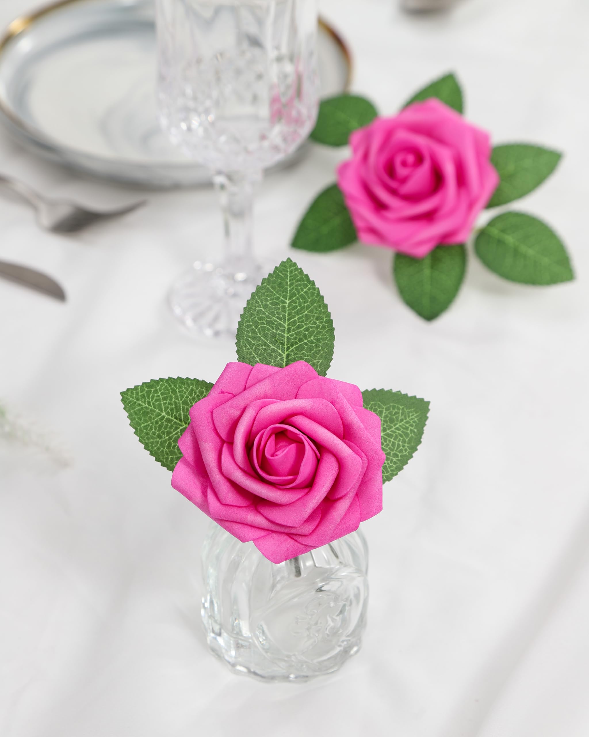 Rose Artificiali Realistiche In Schiuma Con Stelo Flessibile - Rosa Scuro, Mazzo Per Matrimonio, Centrotavola, Fai Da Te - 3