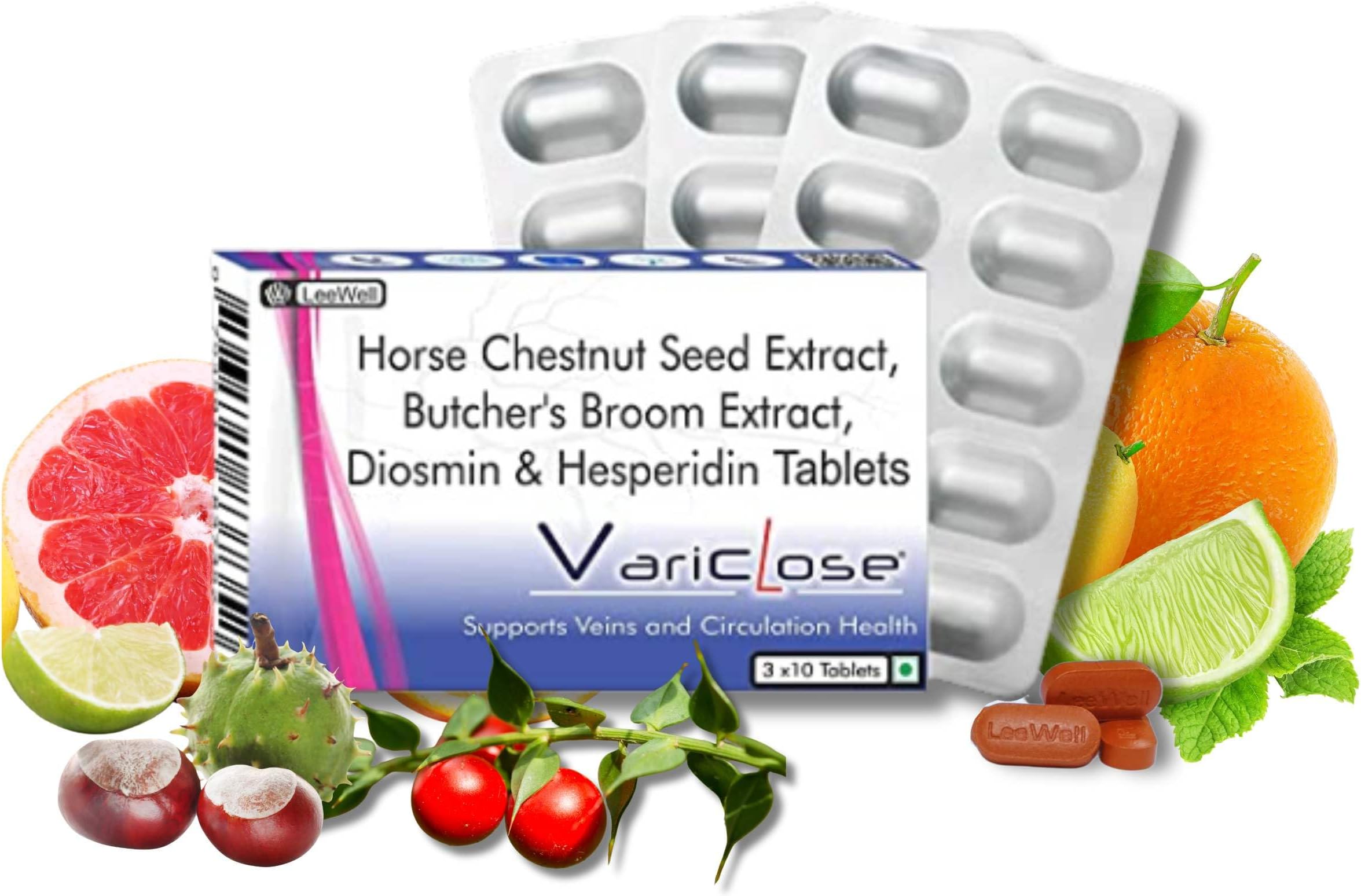 Varicose Vein Support | Restless Legs Circulation Flow, Cramps, Twisted, Enlarged, Discolored Veins Aid | Diosmin, Hesperidin, Horse Chestnut extract (Aescin), Butcher's broom extract (Ruscogenins) - 30 Tablets (Leewell Pharma)