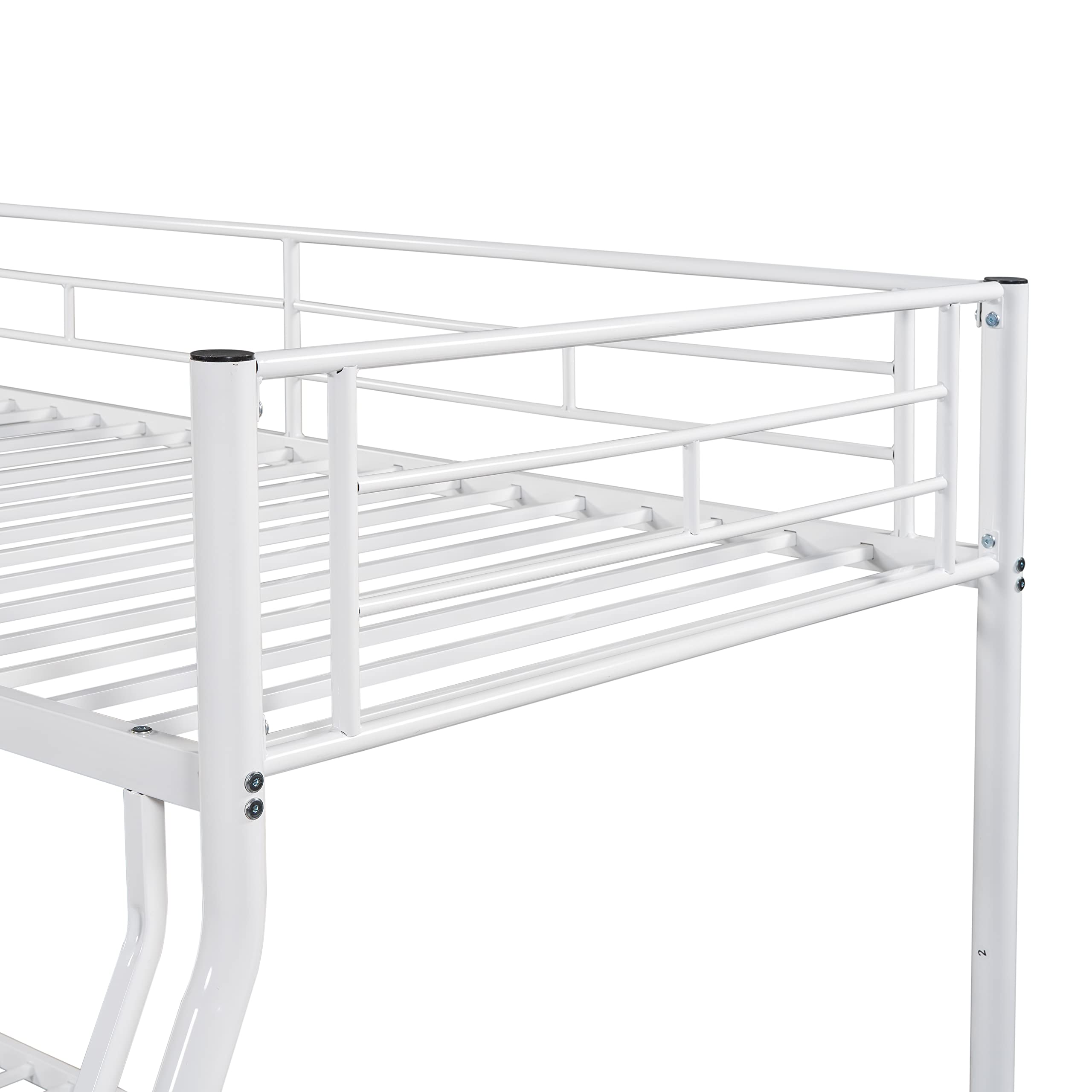 Twin Over Full Metal Bunk Bed - Heavy Duty, Full Guardrails, Safety Ladder, White, No Box Spring Needed