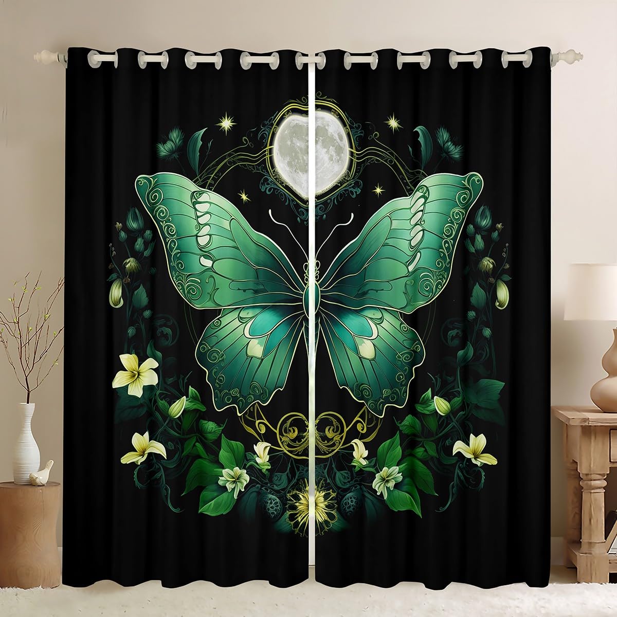 Castle Fairy Butterfly Window Curtain,Moon Night Curtains,Flower Leaves Window Treatment Curtain for Kids Girls Boys Woman Room Decor,Exotic Boho Style Black Green Window Drapes,2 Panels,38Wx45L