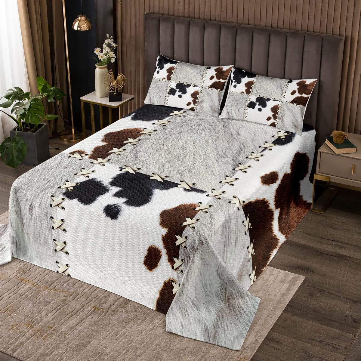 jejeloiu Kids Cow Fur Printed Bedspread Cowhide Pattern Coverlet Set Farmhouse Quilted Coverlet Western Farm Animal Skin Plaid White Quilted Bedroom 3Pcs with 2 Pillow Case King Size
